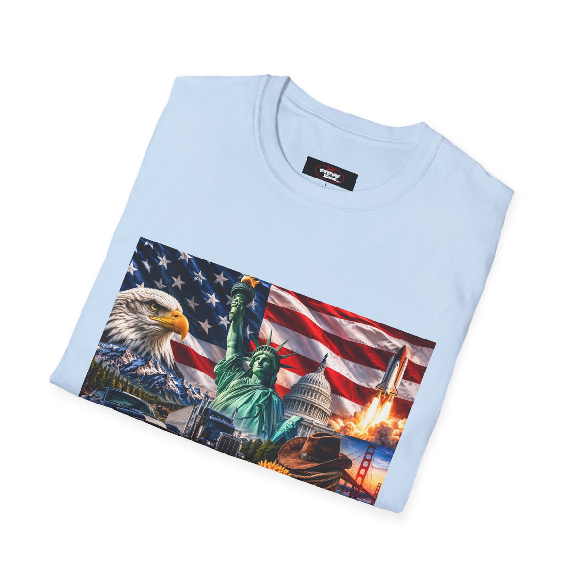 Patriotic USA Montage T-Shirt – Eagle, Statue of Liberty & American Flag Design