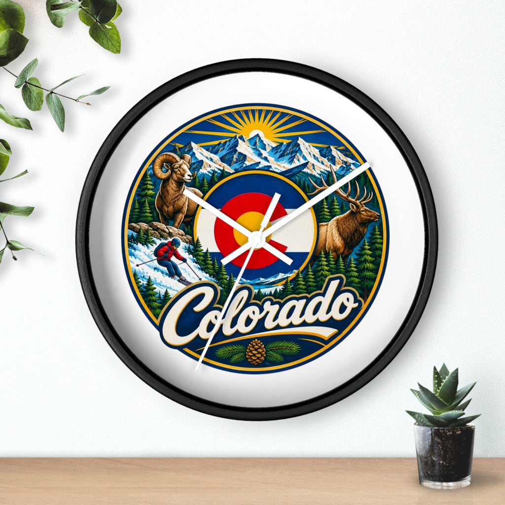 Colorado Mountain Scenic Wall Clock — Skiing, Elk & Bighorn Sheep Design