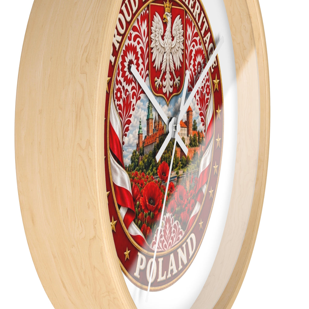 Poland Wall Clock — Proud Polish Heritage Design (Eagle, Castle & Poppies)
