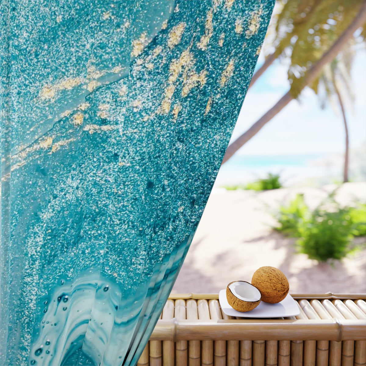 Teal Marble Window Curtain — Ocean Blue Abstract Drapery Panel