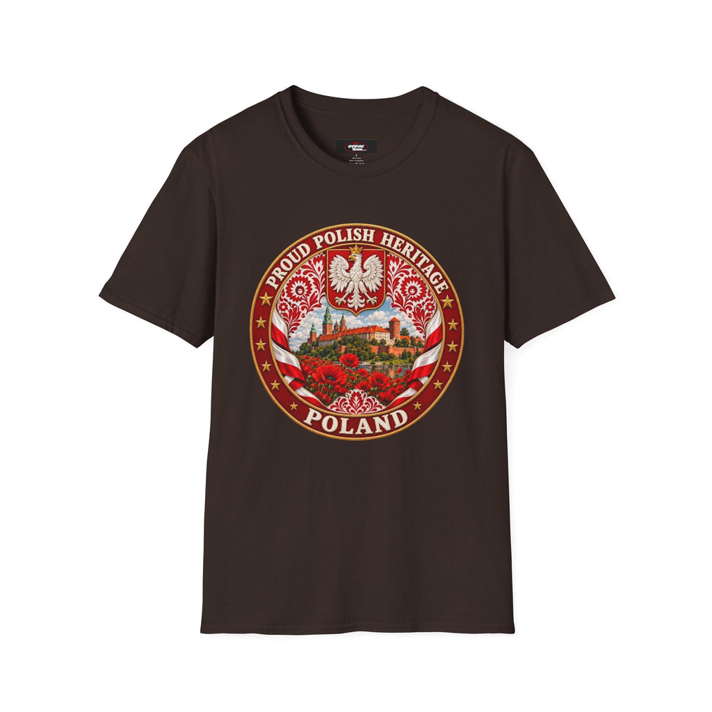 Poland Pride T-Shirt — "Proud Polish Heritage" Circle Crest with White Eagle and Floral Motif