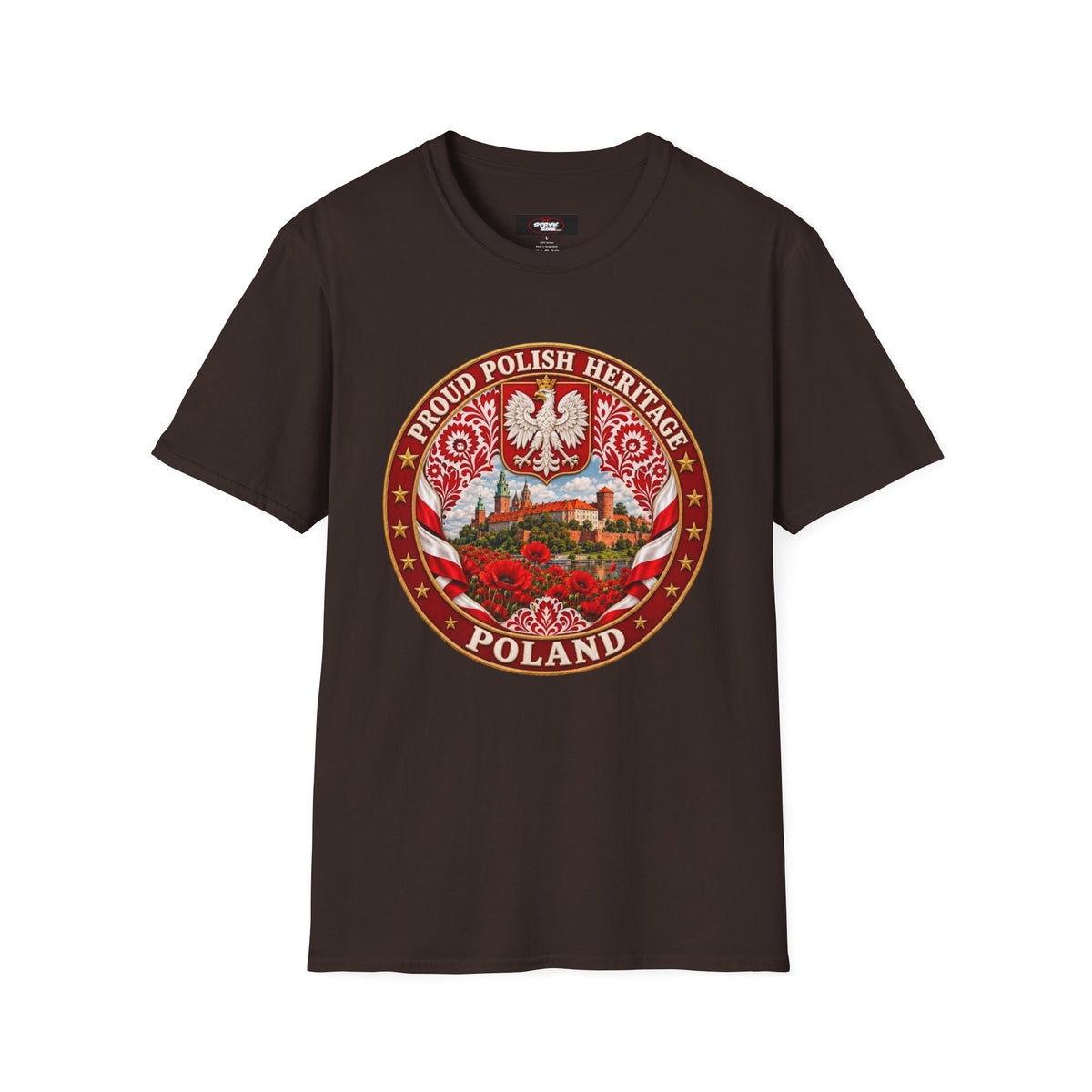 Poland Pride T-Shirt — "Proud Polish Heritage" Circle Crest with White Eagle and Floral Motif