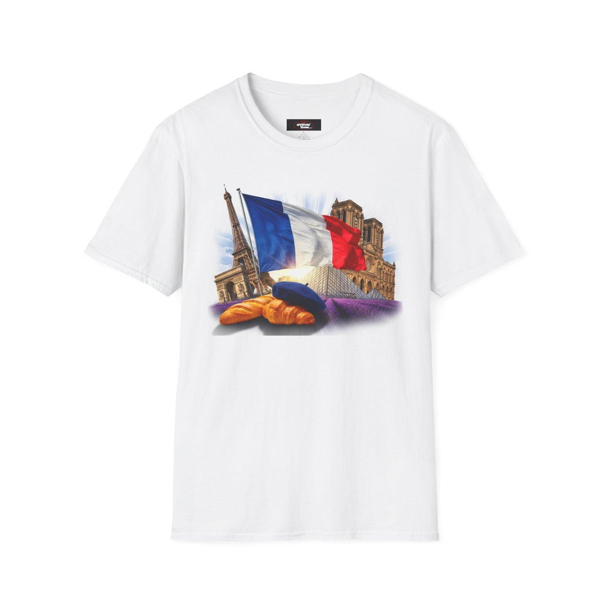 French Flag & Landmark T-Shirt — Eiffel Tower, Notre-Dame & Croissant Graphic