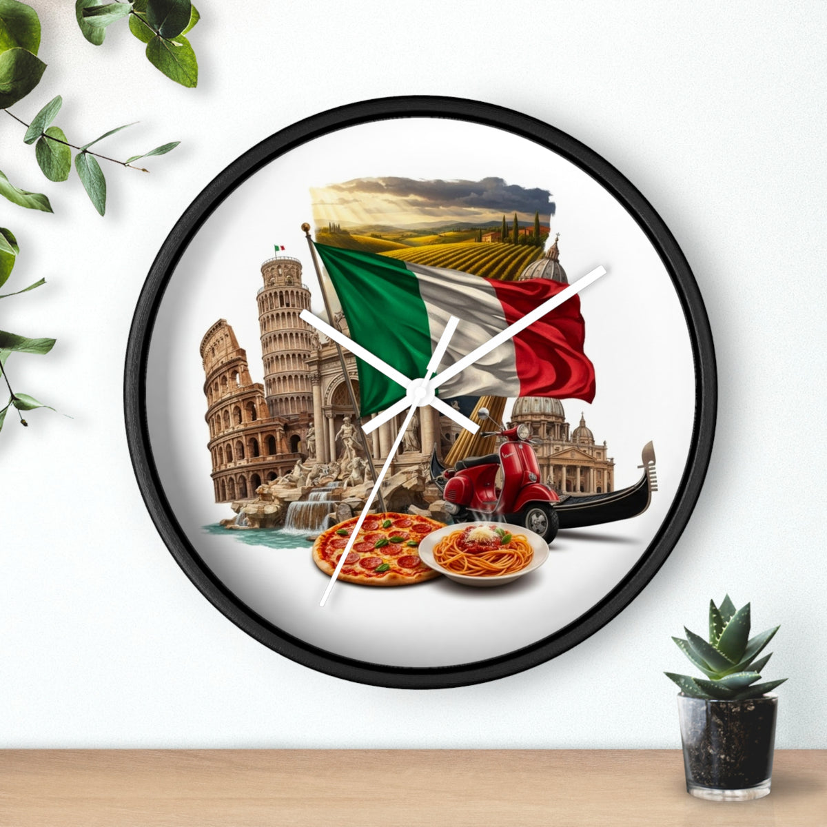 Italian Landmarks Wall Clock — Pizza, Vespa & Flag Heritage Decor