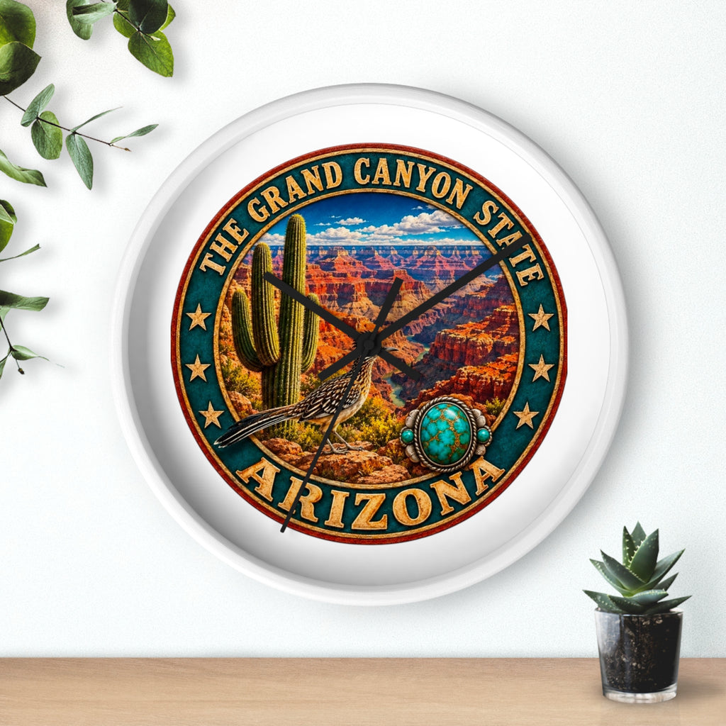 Arizona Grand Canyon State Wall Clock – Southwestern Cactus & Roadrunner Decor
