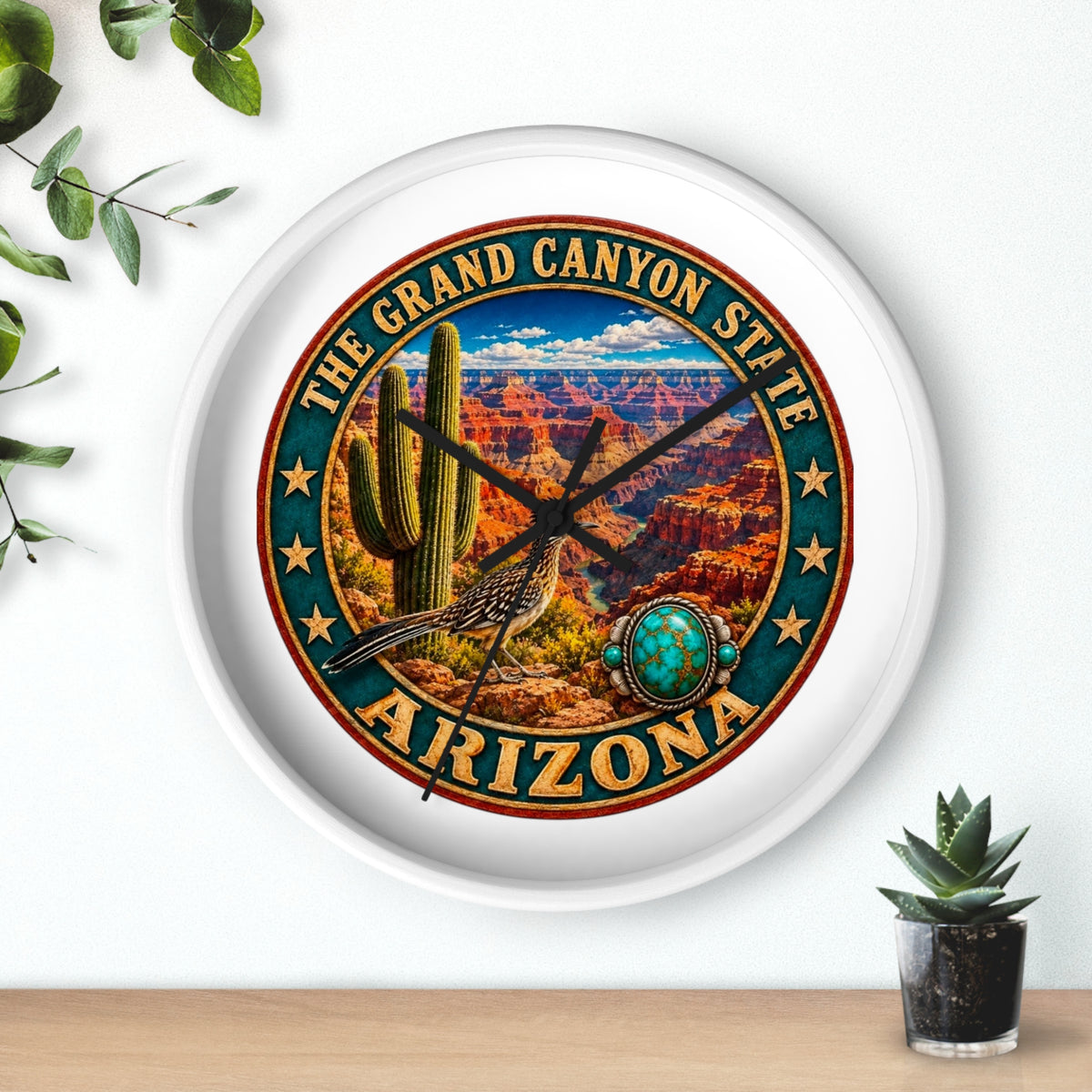 Arizona Grand Canyon State Wall Clock – Southwestern Cactus & Roadrunner Decor