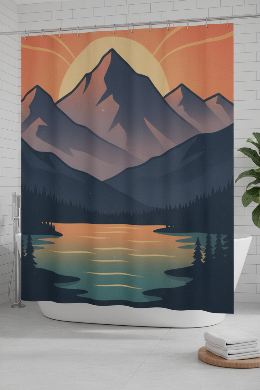 Mountain Sunset Shower Curtain — Scenic Sunset over Mountains Bathroom Decor