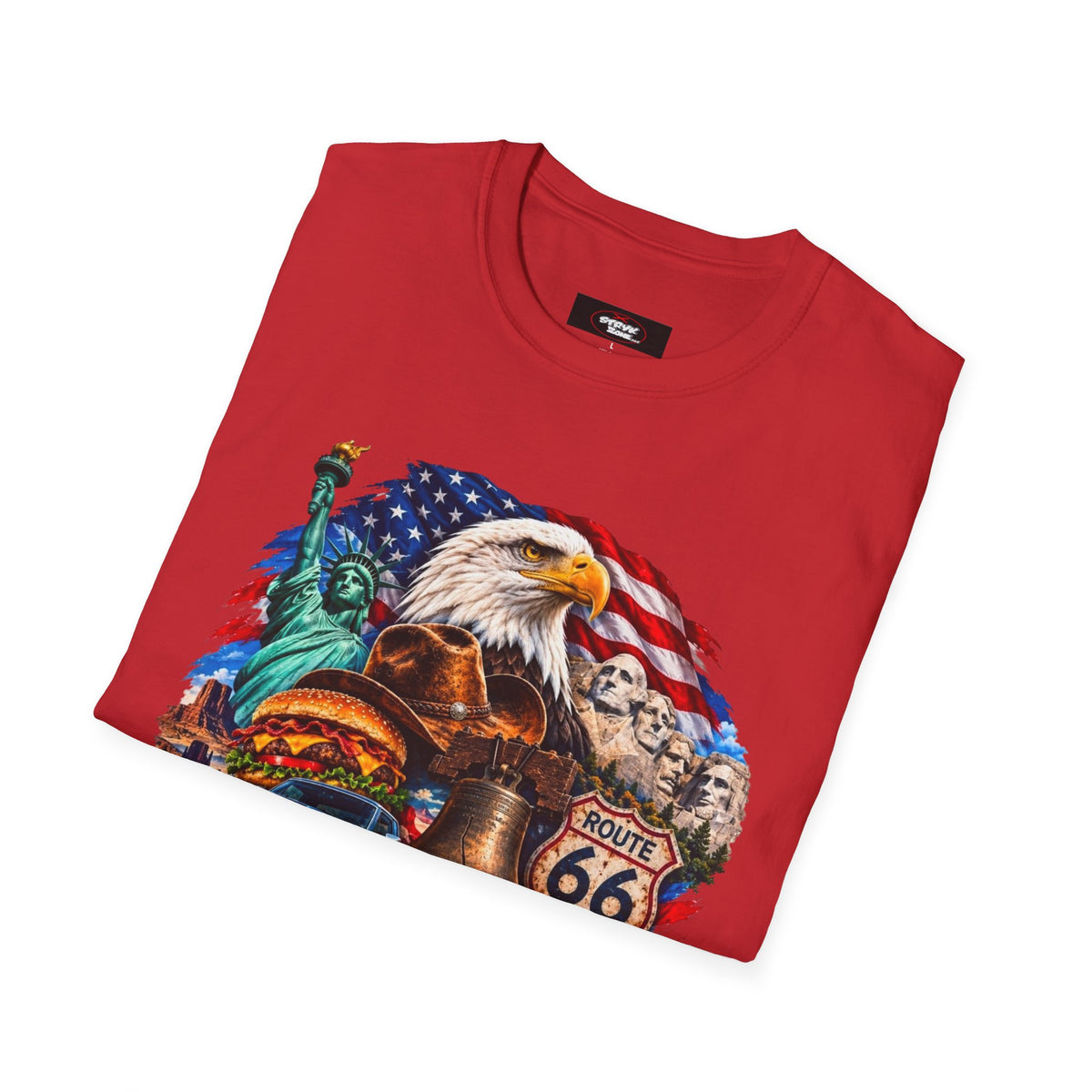 United States Patriotic T-Shirt — Bald Eagle, Statue of Liberty & Route 66 Design