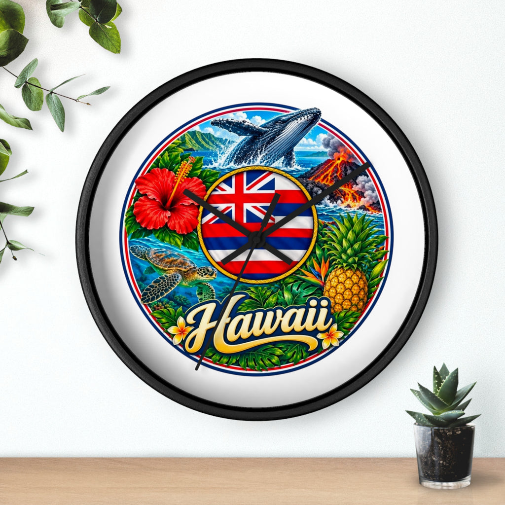 Hawaii Tropical Souvenir Wall Clock — Hawaiian Flag, Hibiscus, Pineapple & Whale Design