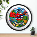 Hawaii Tropical Souvenir Wall Clock — Hawaiian Flag, Hibiscus, Pineapple & Whale Design