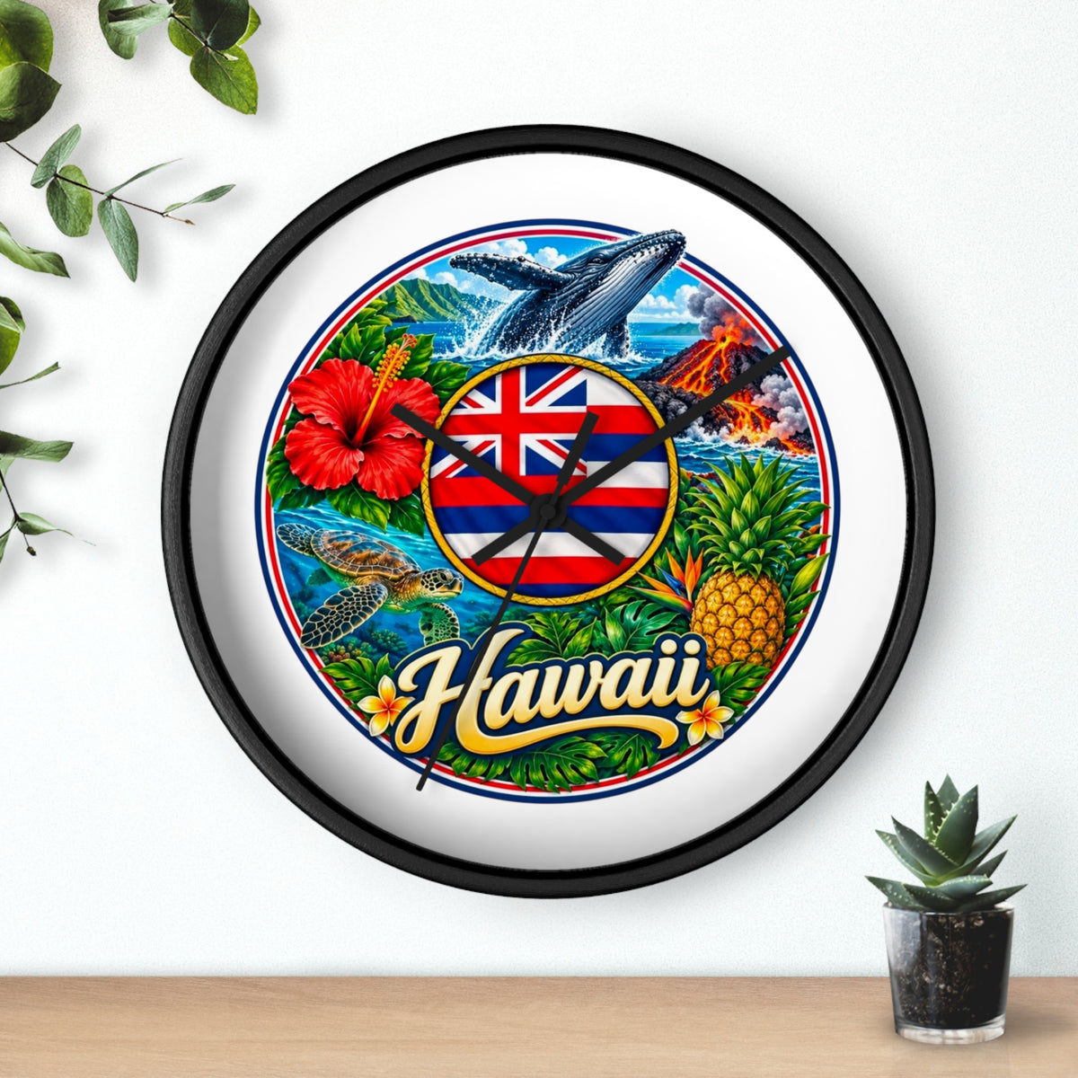 Hawaii Tropical Souvenir Wall Clock — Hawaiian Flag, Hibiscus, Pineapple & Whale Design