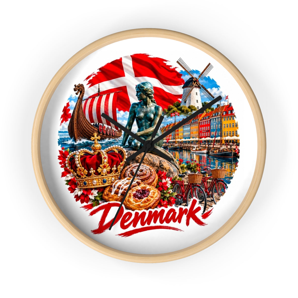 Denmark Wall Clock — Copenhagen Icons: Little Mermaid, Nyhavn, Viking Longship & Danish Pastries