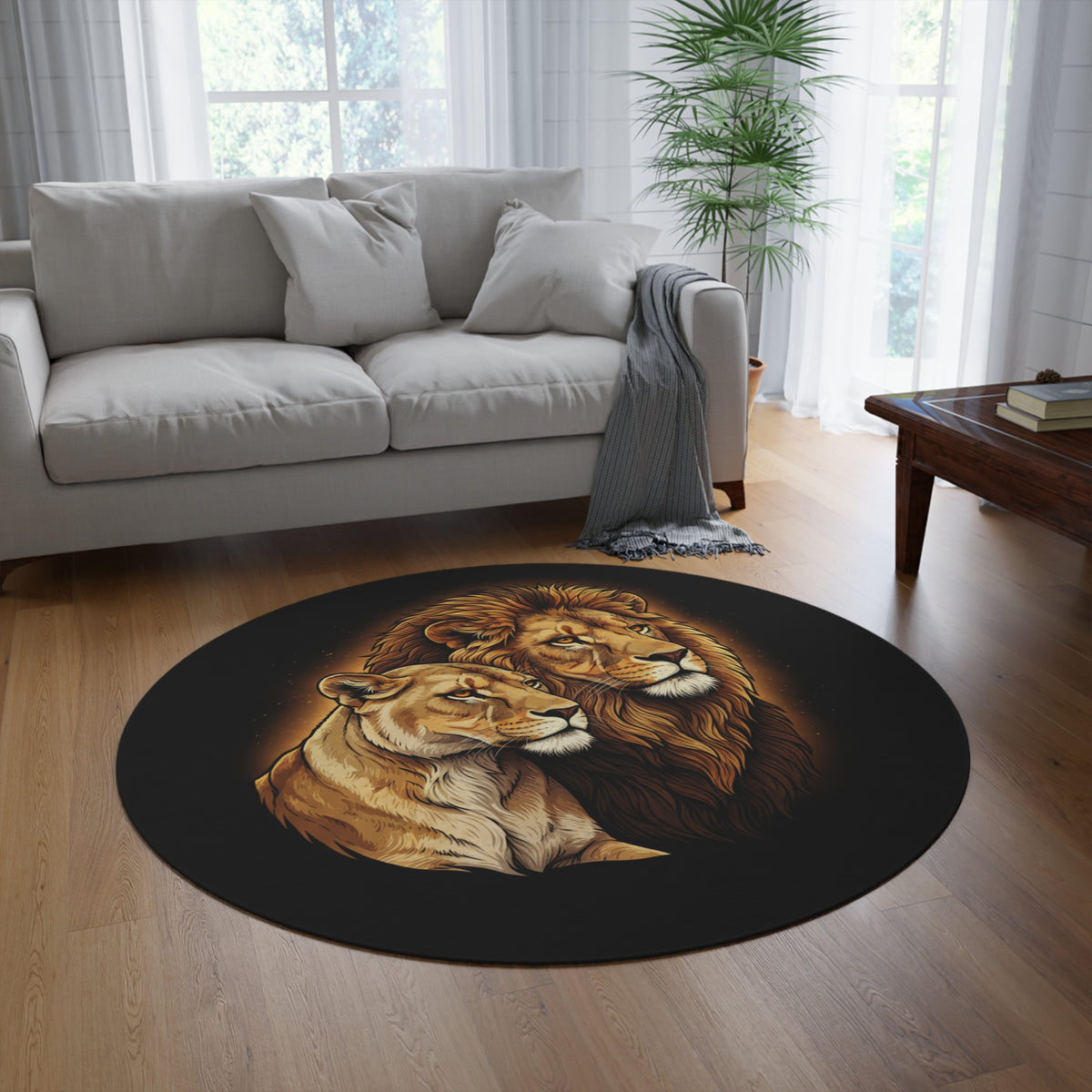 Lion Couple Round Rug — Majestic King & Queen Lioness Decorative Round Mat