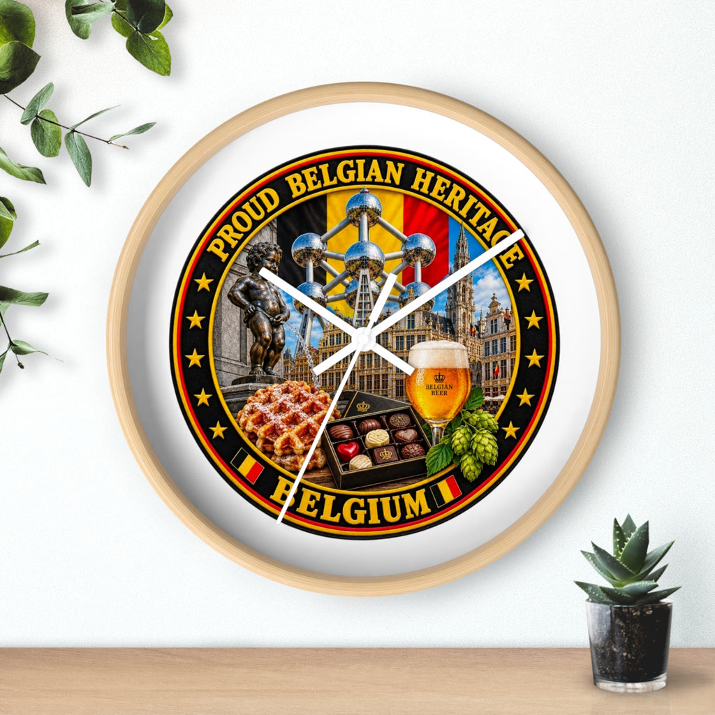 Belgium Heritage Wall Clock — Proud Belgian Icons (Atomium, Manneken Pis, Waffle, Beer)