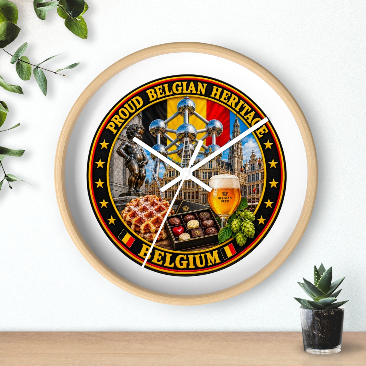 Belgium Heritage Wall Clock — Proud Belgian Icons (Atomium, Manneken Pis, Waffle, Beer)