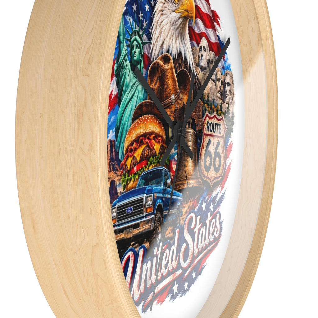 United States Patriotic Wall Clock — Eagle, Route 66 & American Landmarks