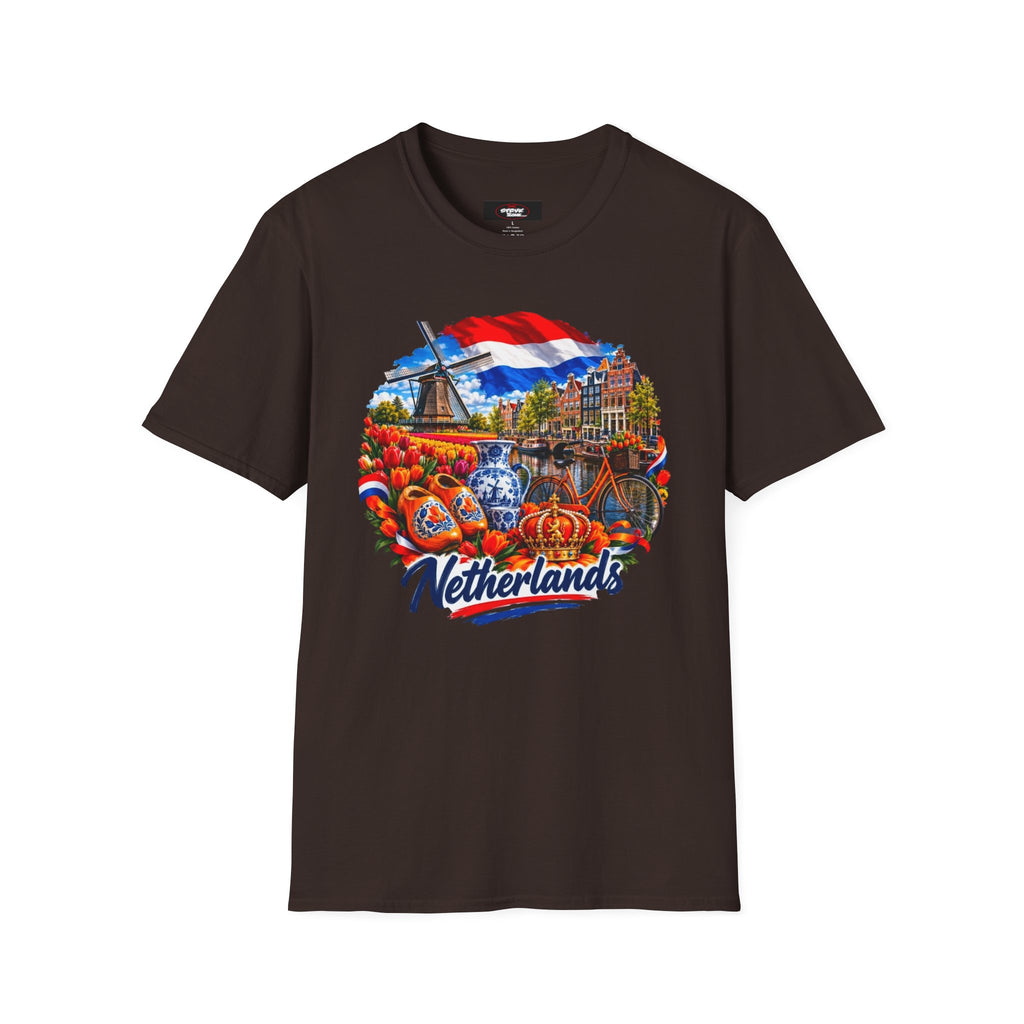 Netherlands Souvenir T-Shirt — Dutch Windmill, Tulips & Flag Design