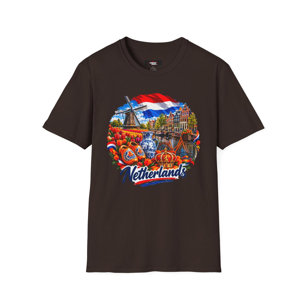 Netherlands Souvenir T-Shirt — Dutch Windmill, Tulips & Flag Design