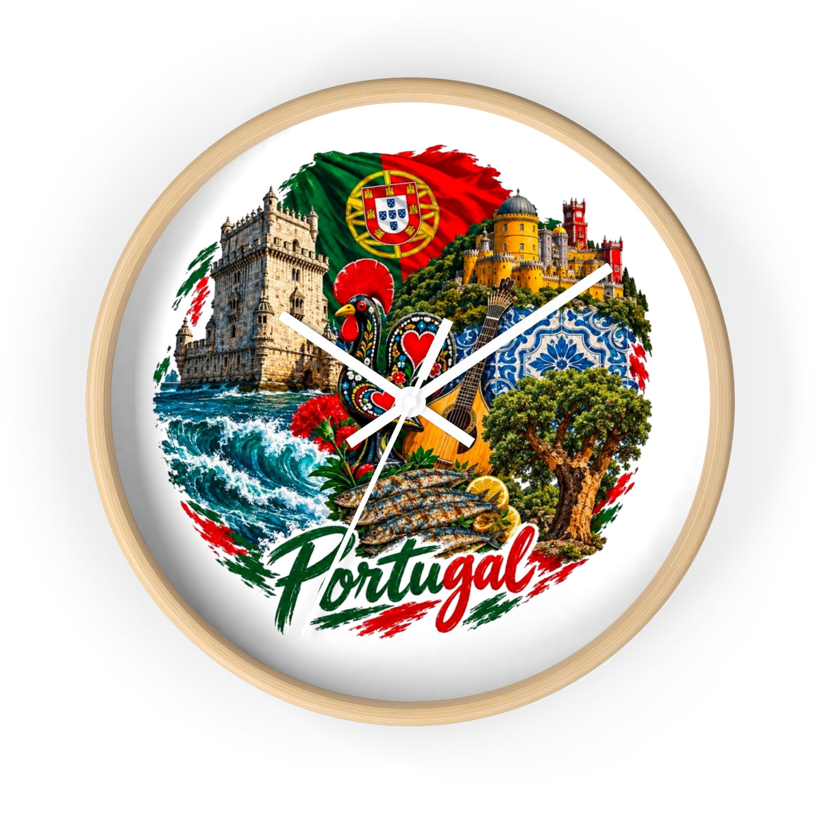 Portugal Wall Clock — Vintage Portuguese Landmarks & Galo de Barcelos Home Decor