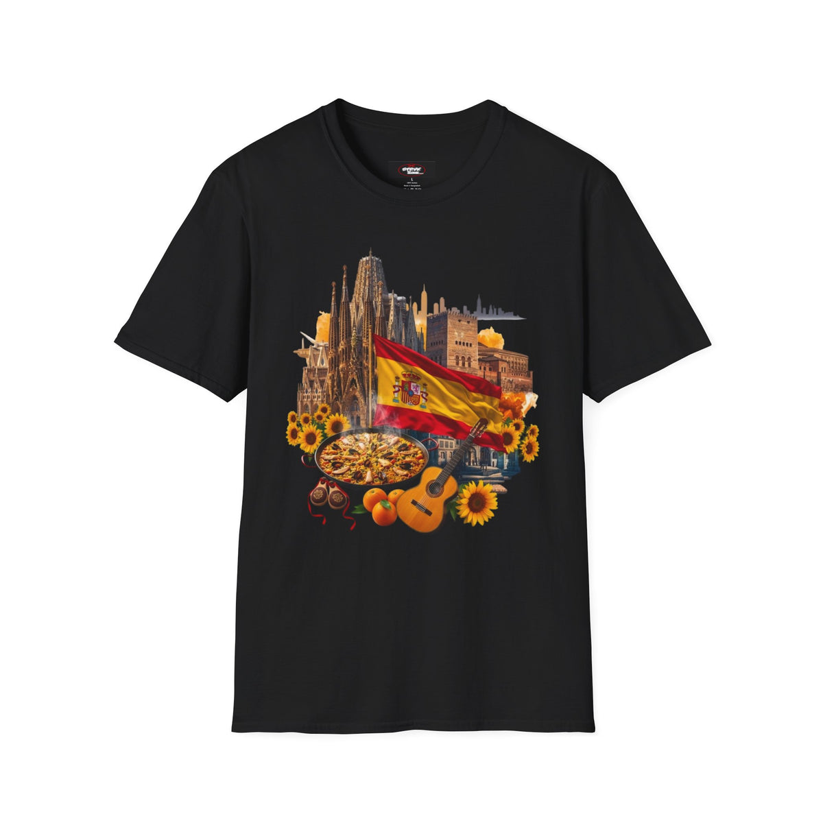 Spain Travel Collage T-Shirt — Paella, Guitar & Spanish Flag Graphic Tee