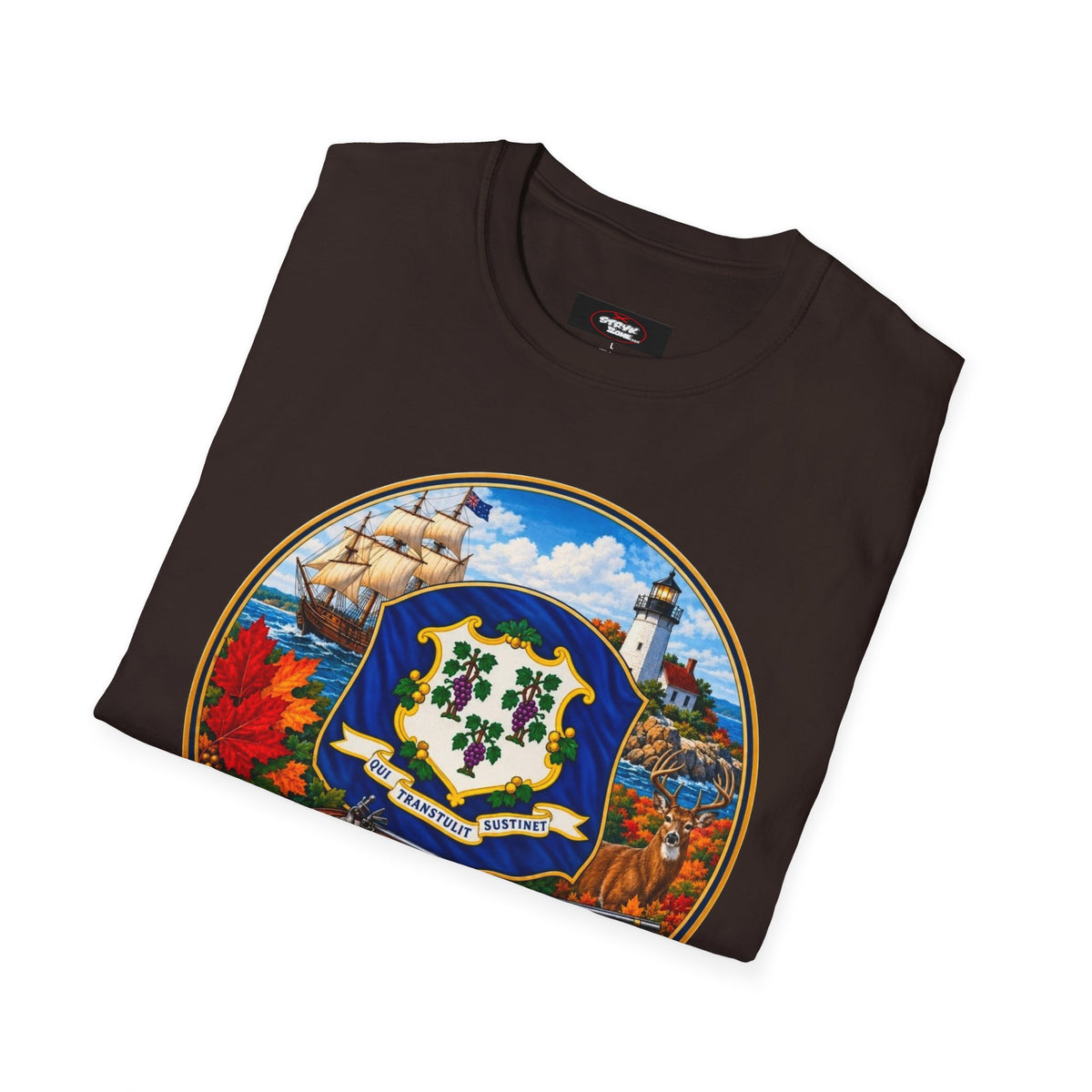 Connecticut Retro State Seal T-Shirt — Vintage Lighthouse & Ship Design