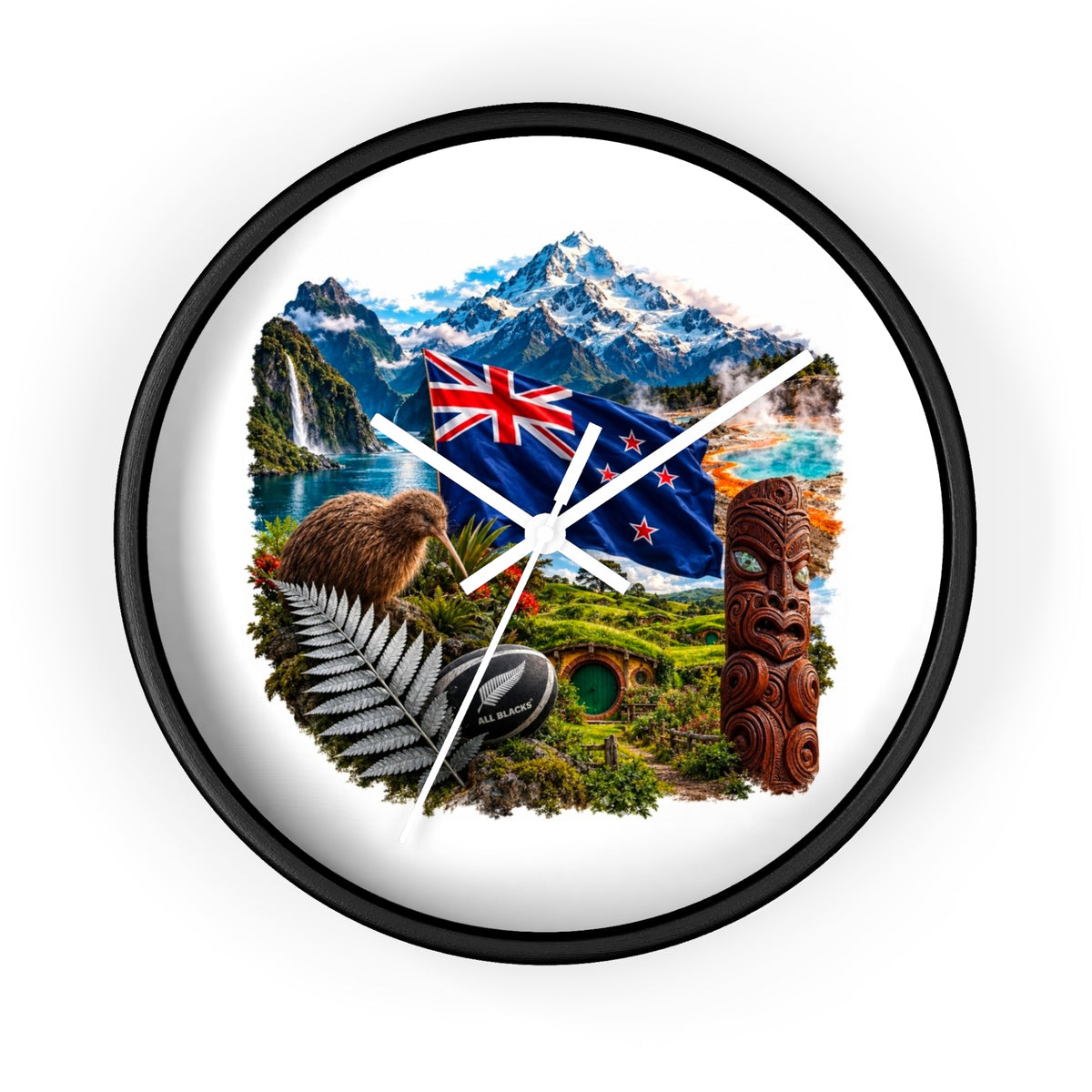 New Zealand Heritage Wall Clock — Kiwi, Silver Fern & Māori Tiki Design