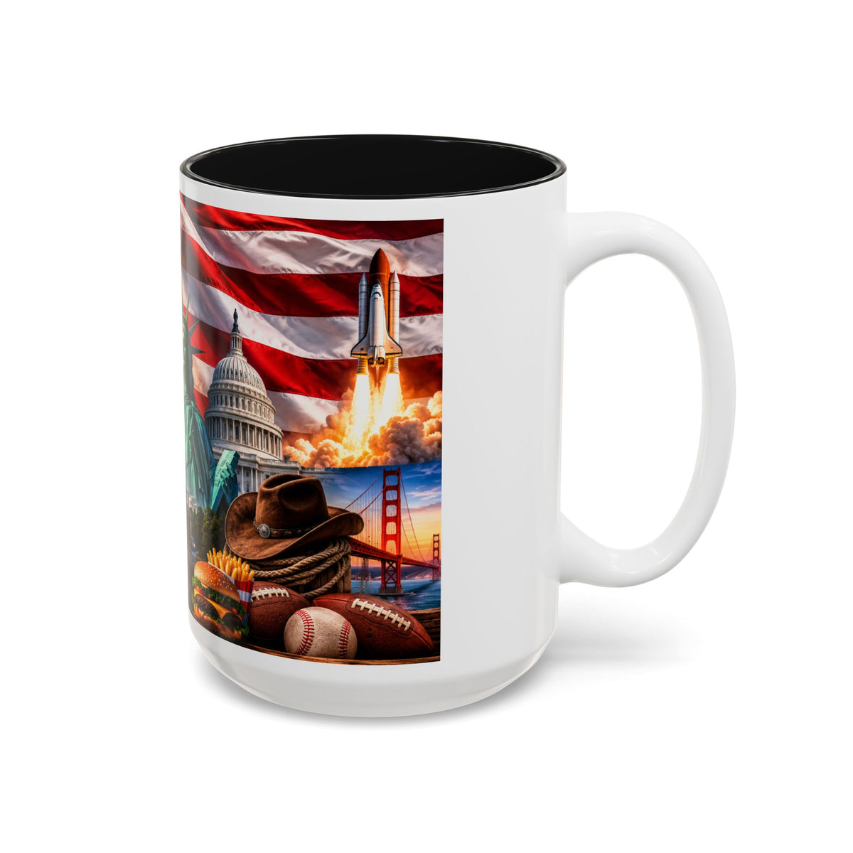 Patriotic USA Collage Mug — Statue of Liberty, Capitol & American Flag (Two-Tone)