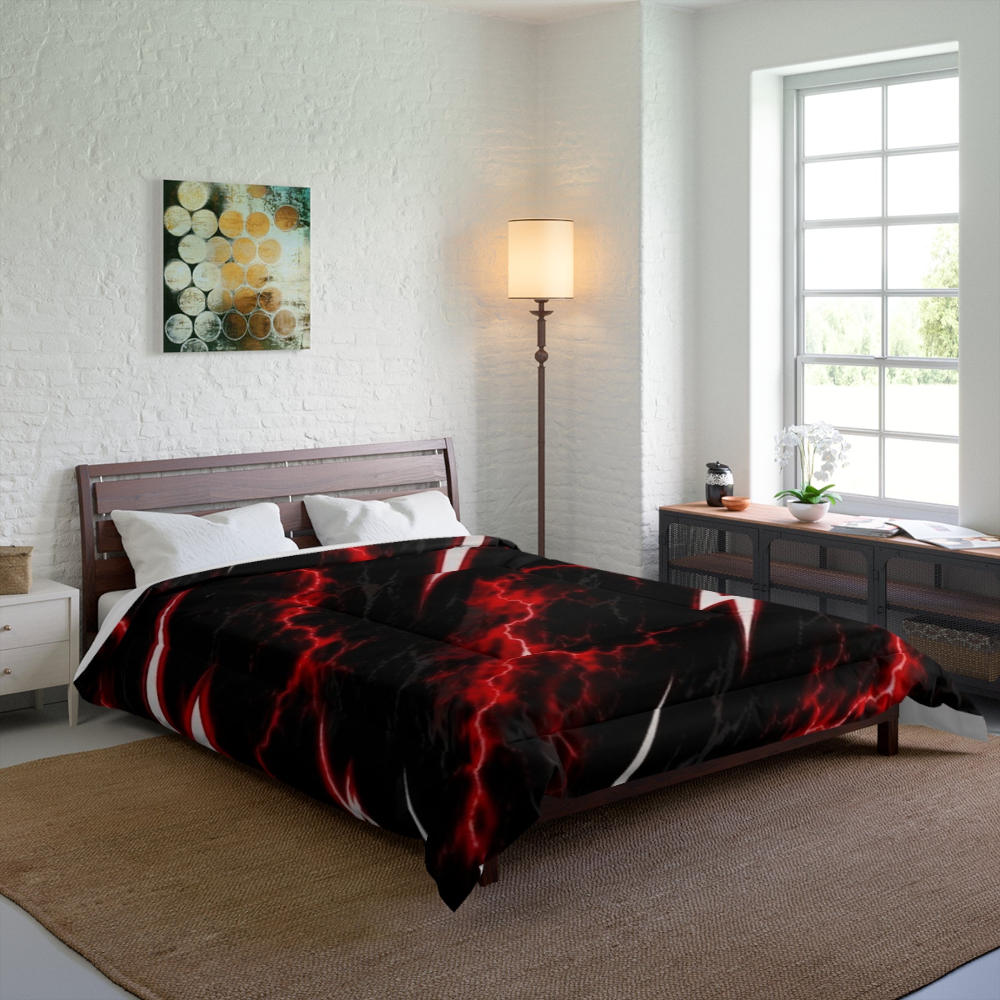 Lightning Bolt Comforter — Black & Red Electric Storm Bed Cover