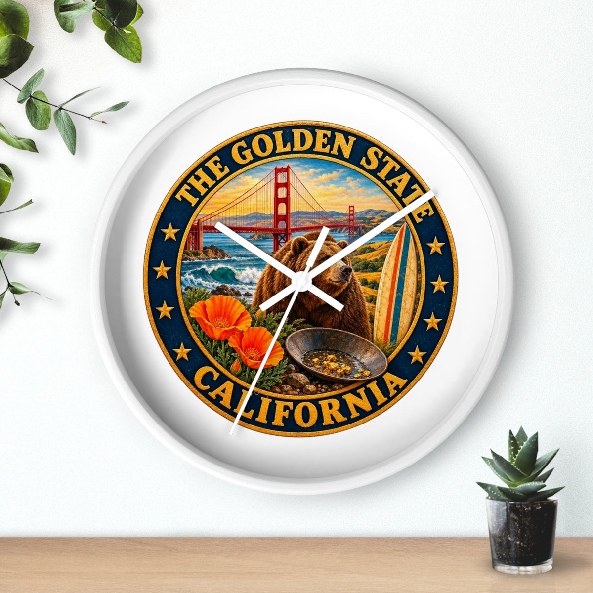 California Golden State Wall Clock — Golden Gate, Bear & Poppies Retro Travel Decor