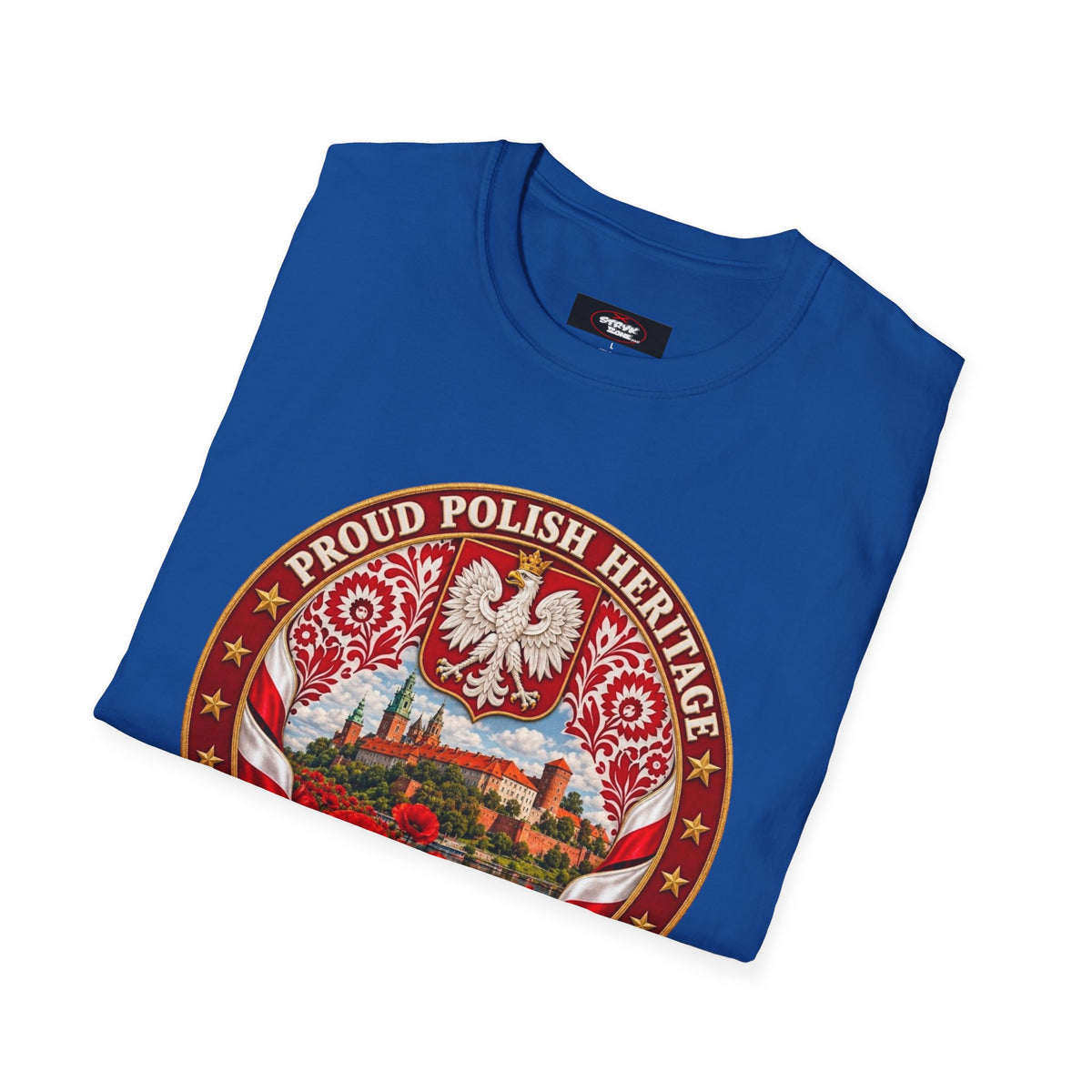 Poland Pride T-Shirt — "Proud Polish Heritage" Circle Crest with White Eagle and Floral Motif