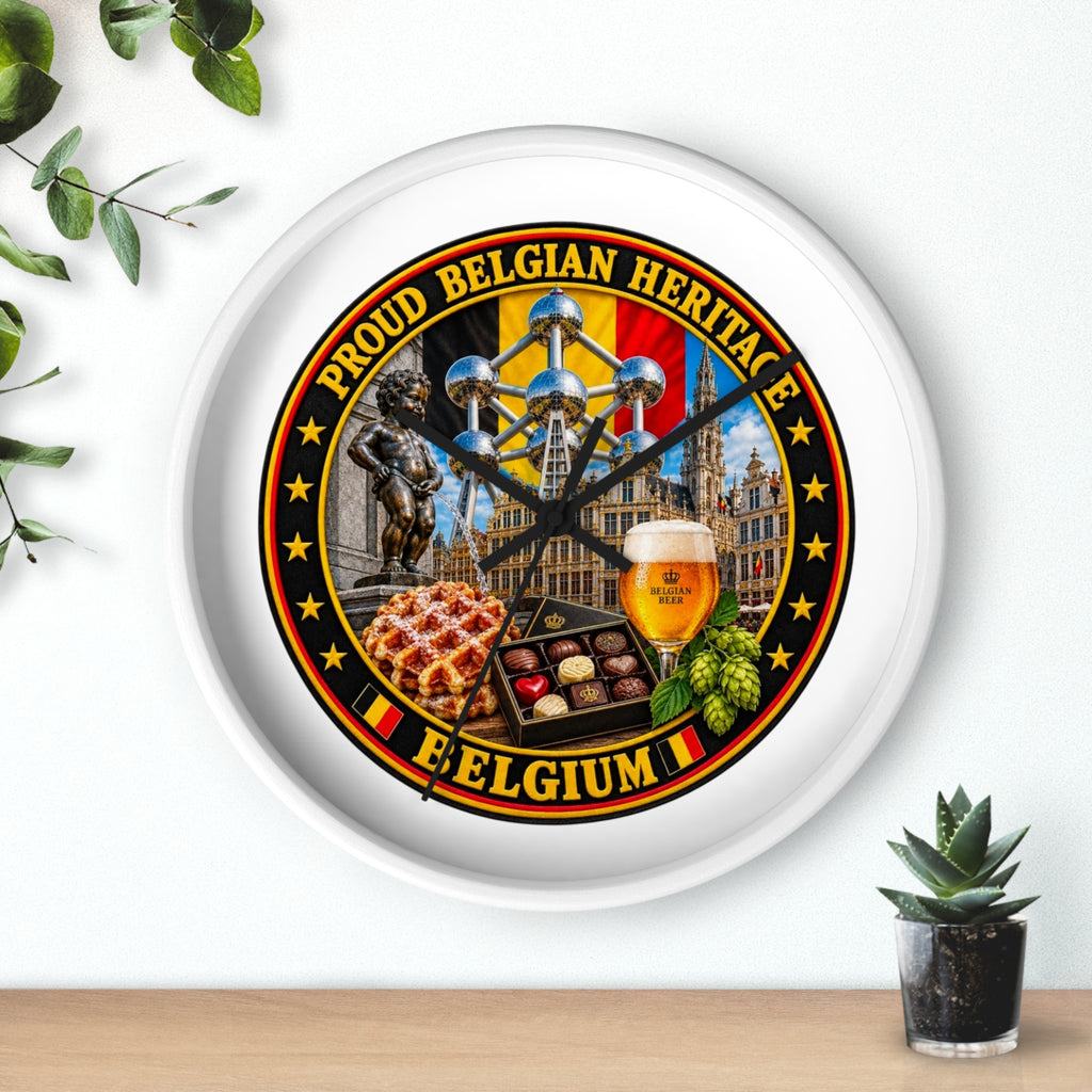 Belgium Heritage Wall Clock — Proud Belgian Icons (Atomium, Manneken Pis, Waffle, Beer)
