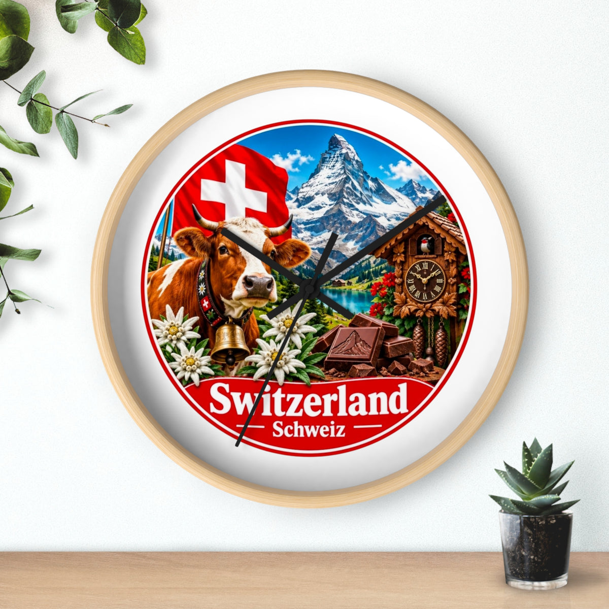 Switzerland Wall Clock — Alpine Cow, Cuckoo Clock & Matterhorn Souvenir
