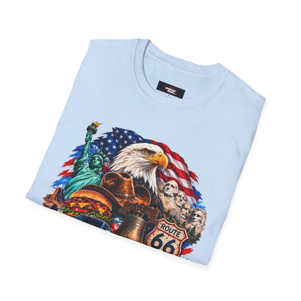 United States Patriotic T-Shirt — Bald Eagle, Statue of Liberty & Route 66 Design