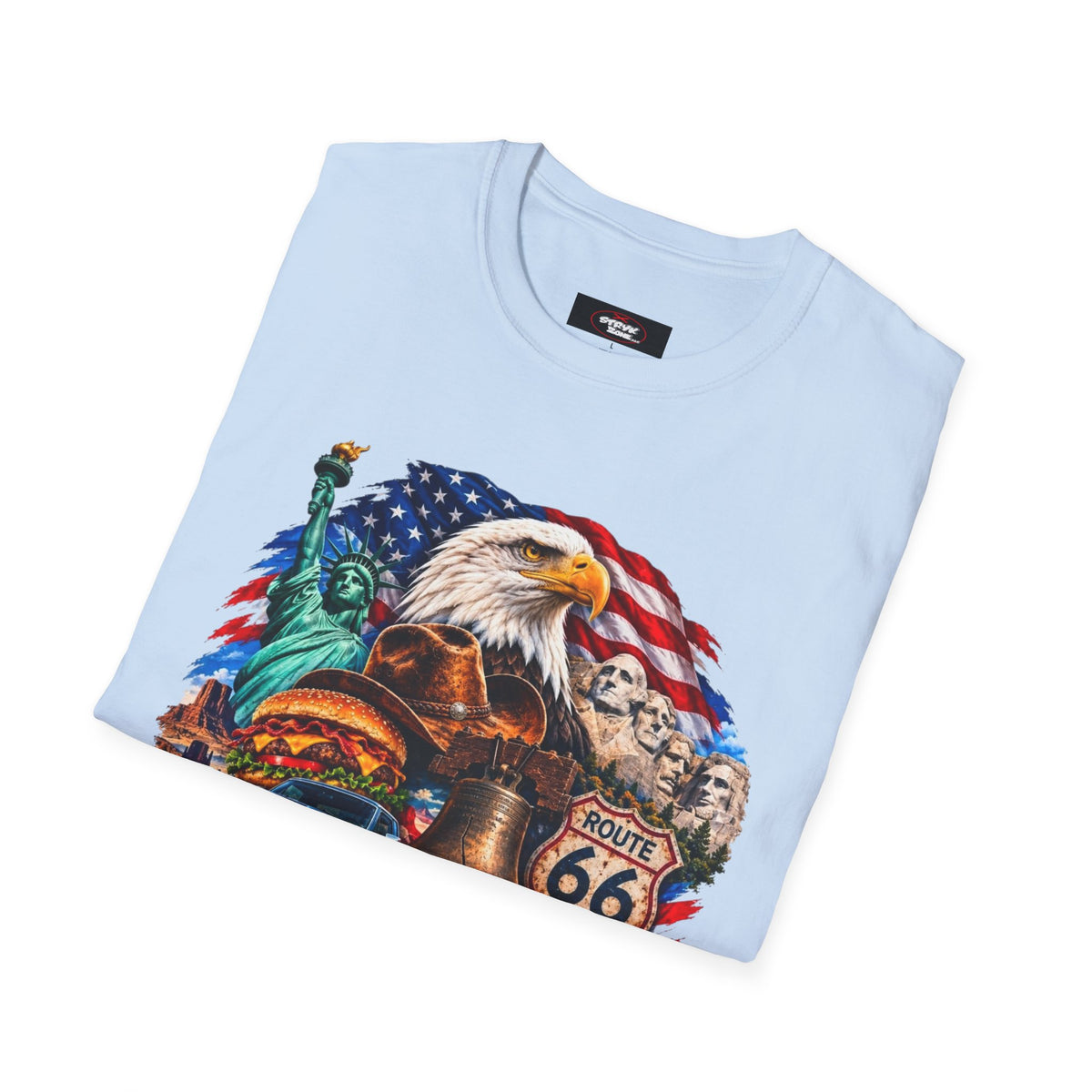United States Patriotic T-Shirt — Bald Eagle, Statue of Liberty & Route 66 Design