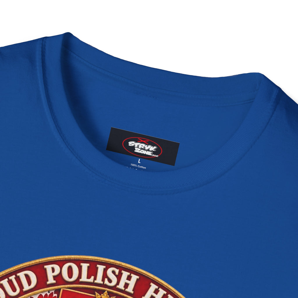 Poland Pride T-Shirt — "Proud Polish Heritage" Circle Crest with White Eagle and Floral Motif