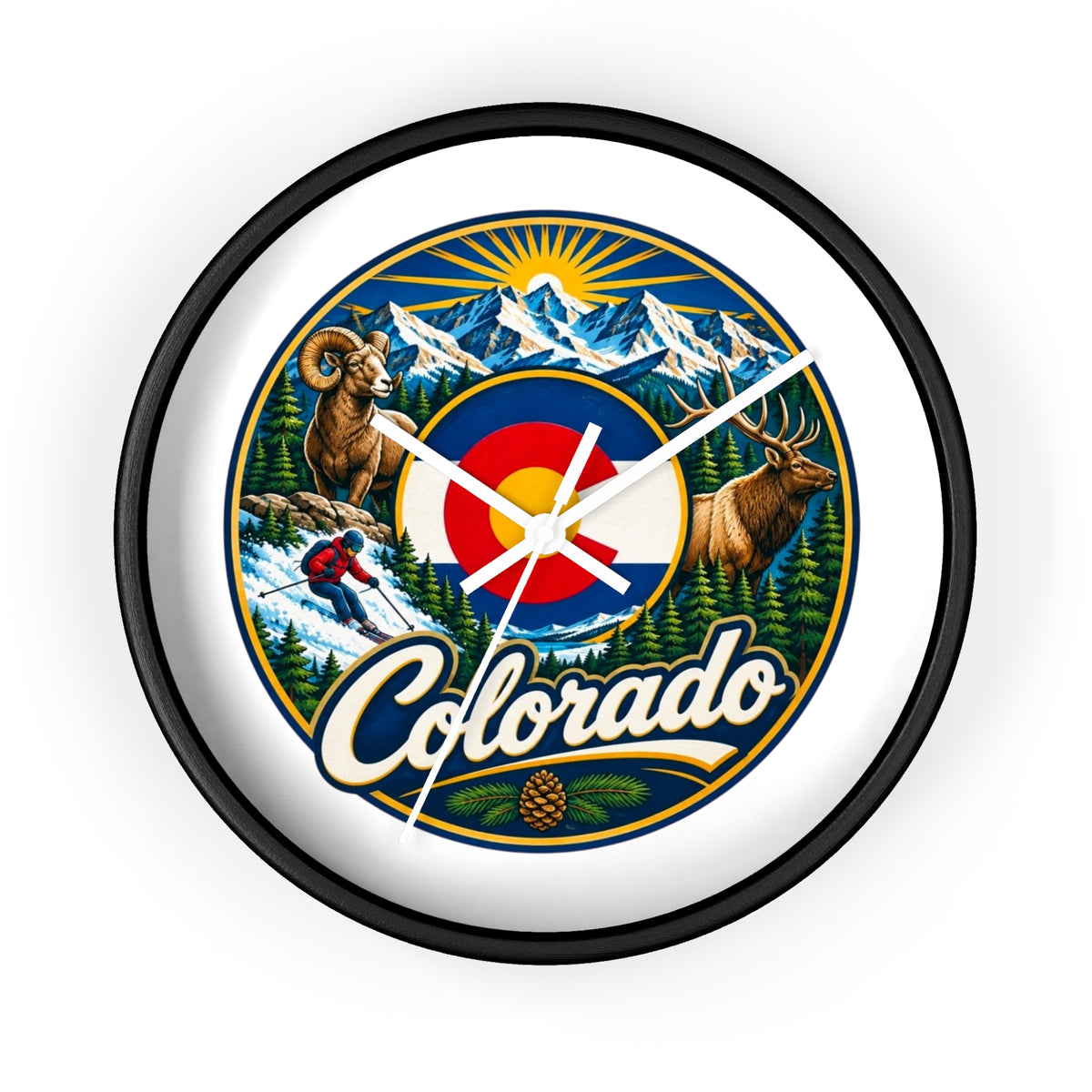 Colorado Mountain Scenic Wall Clock — Skiing, Elk & Bighorn Sheep Design