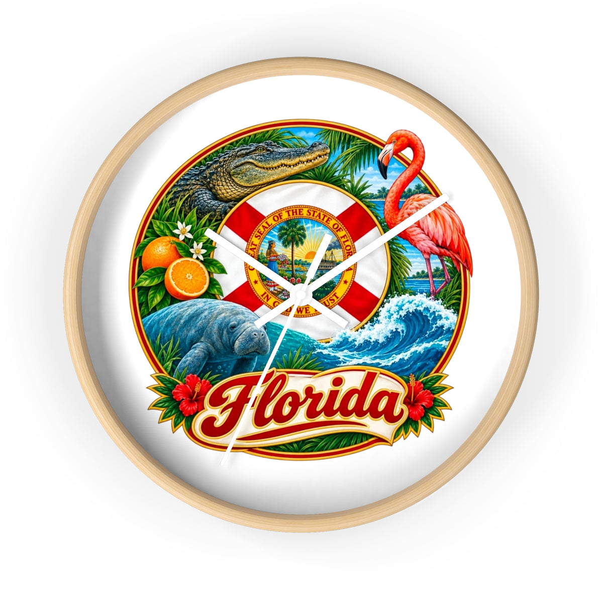 Florida Vintage Travel Wall Clock — Flamingo, Alligator & Citrus Scenic Decor