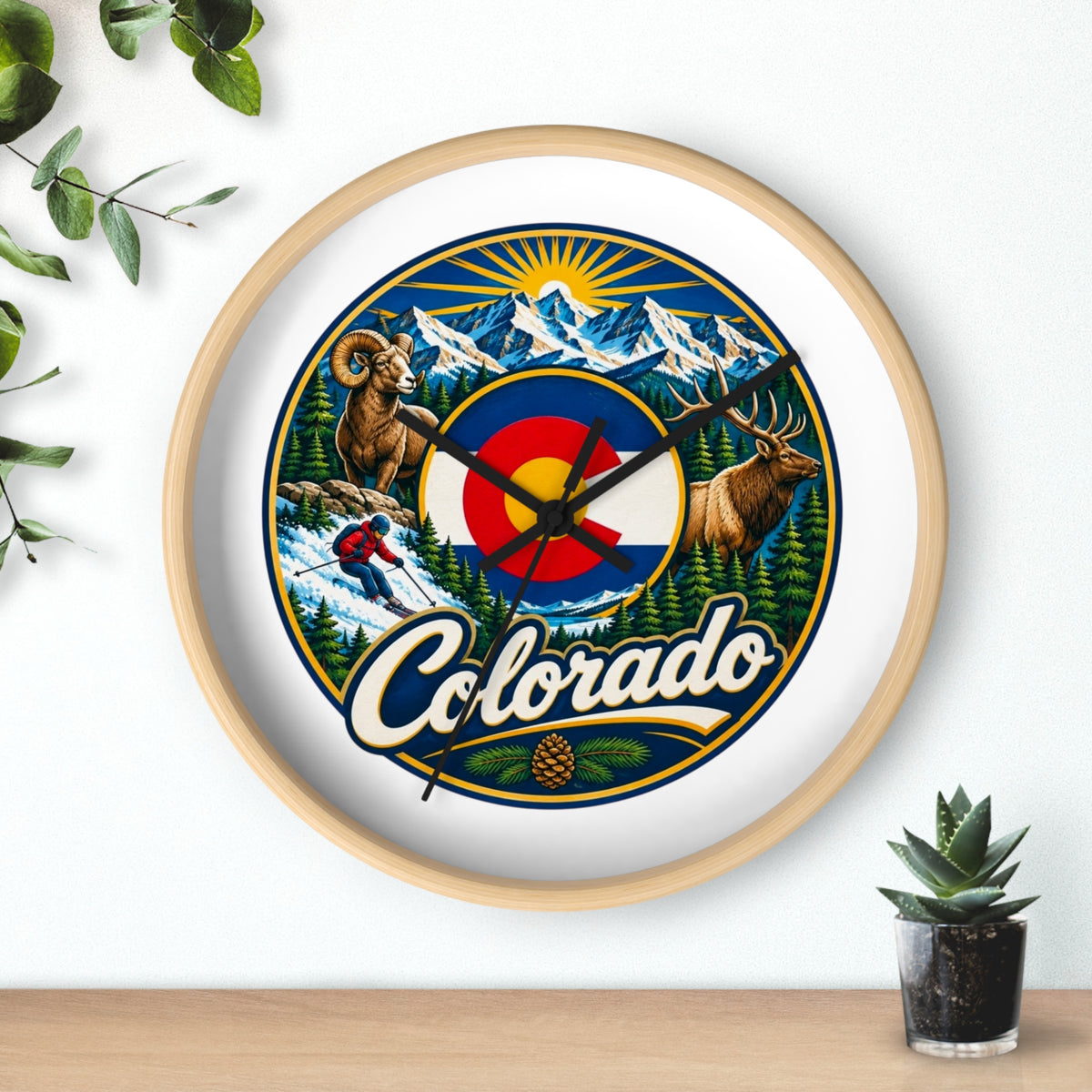 Colorado Mountain Scenic Wall Clock — Skiing, Elk & Bighorn Sheep Design