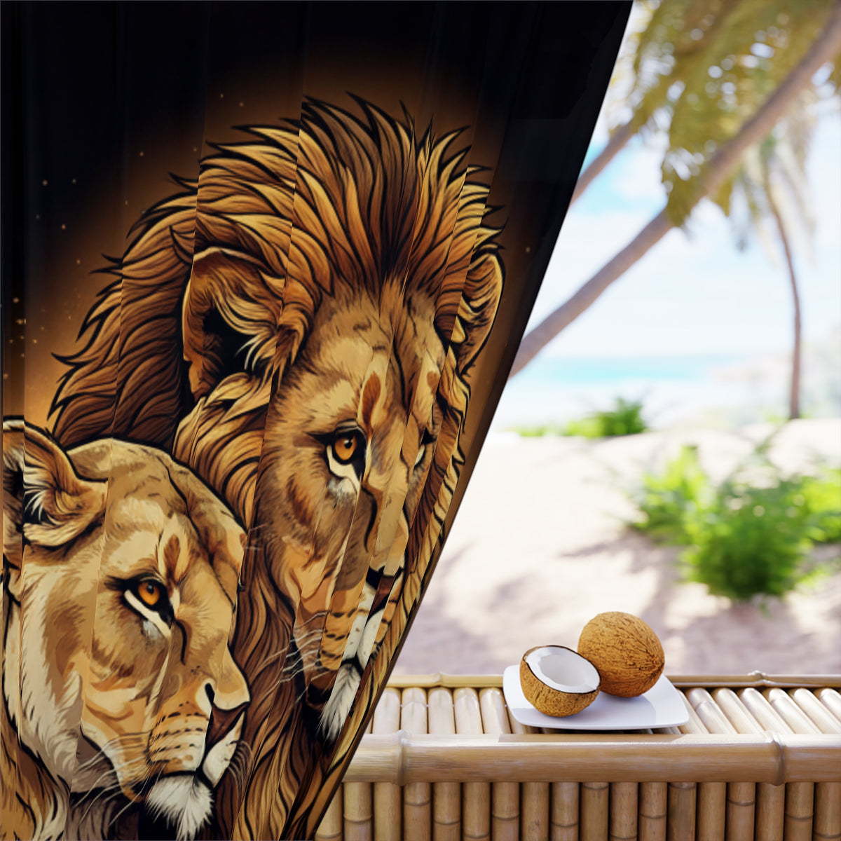 Lion Couple Window Curtain — Majestic Lion & Lioness Black Drapery