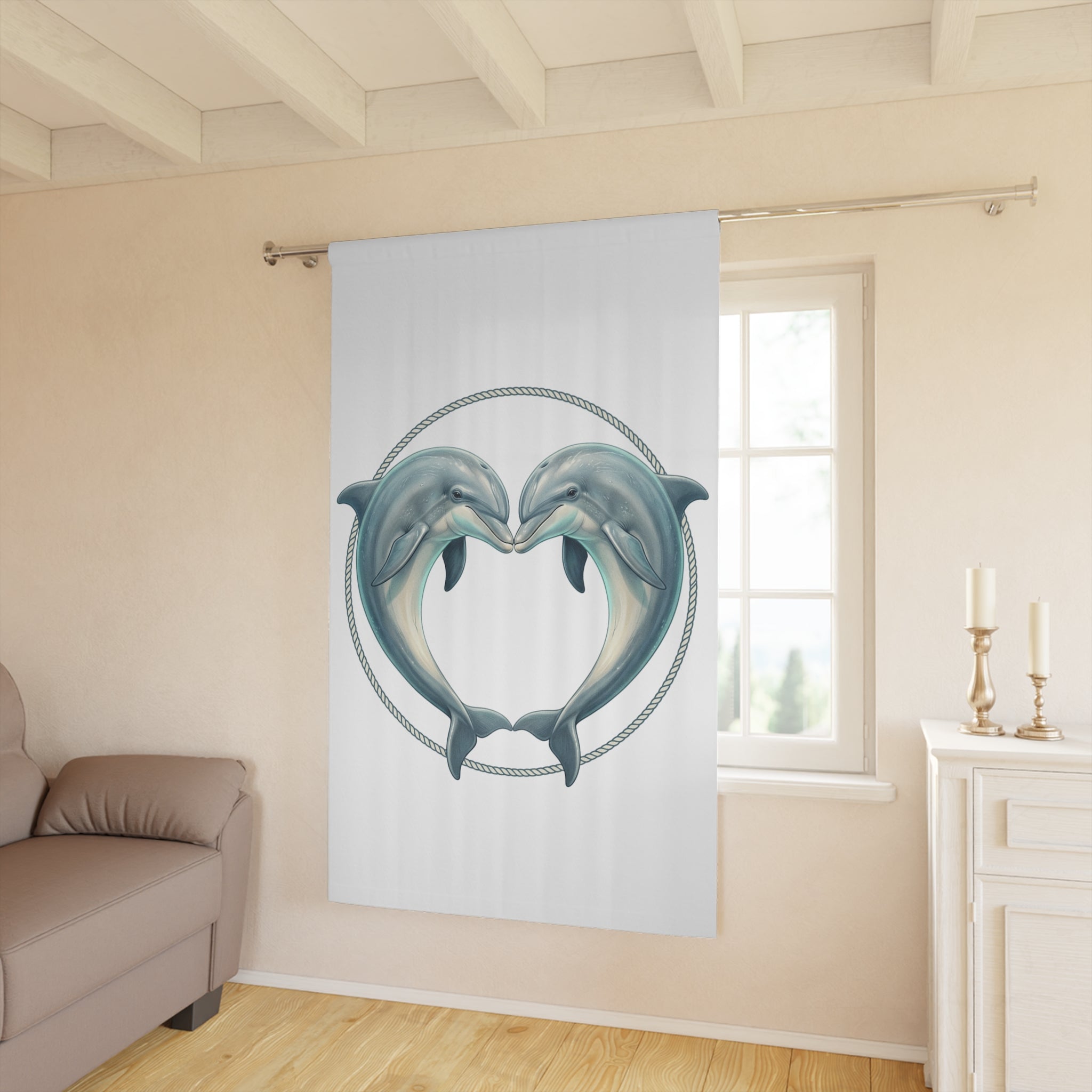 Dolphin Heart Window Curtain – Nautical Coastal Drapery Panel