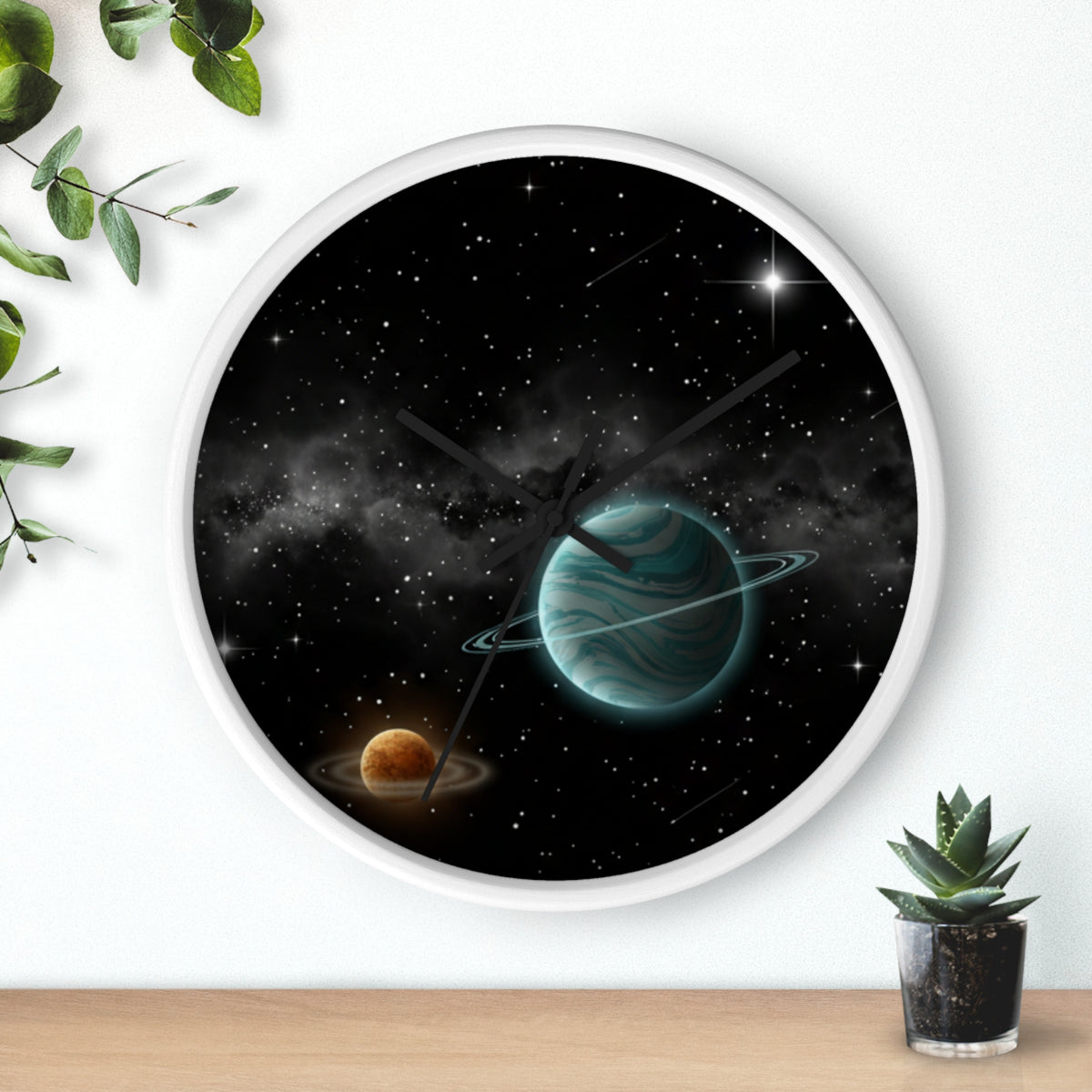 Space Planet Wall Clock — Teal Ringed Planet & Starfield Decorative Clock