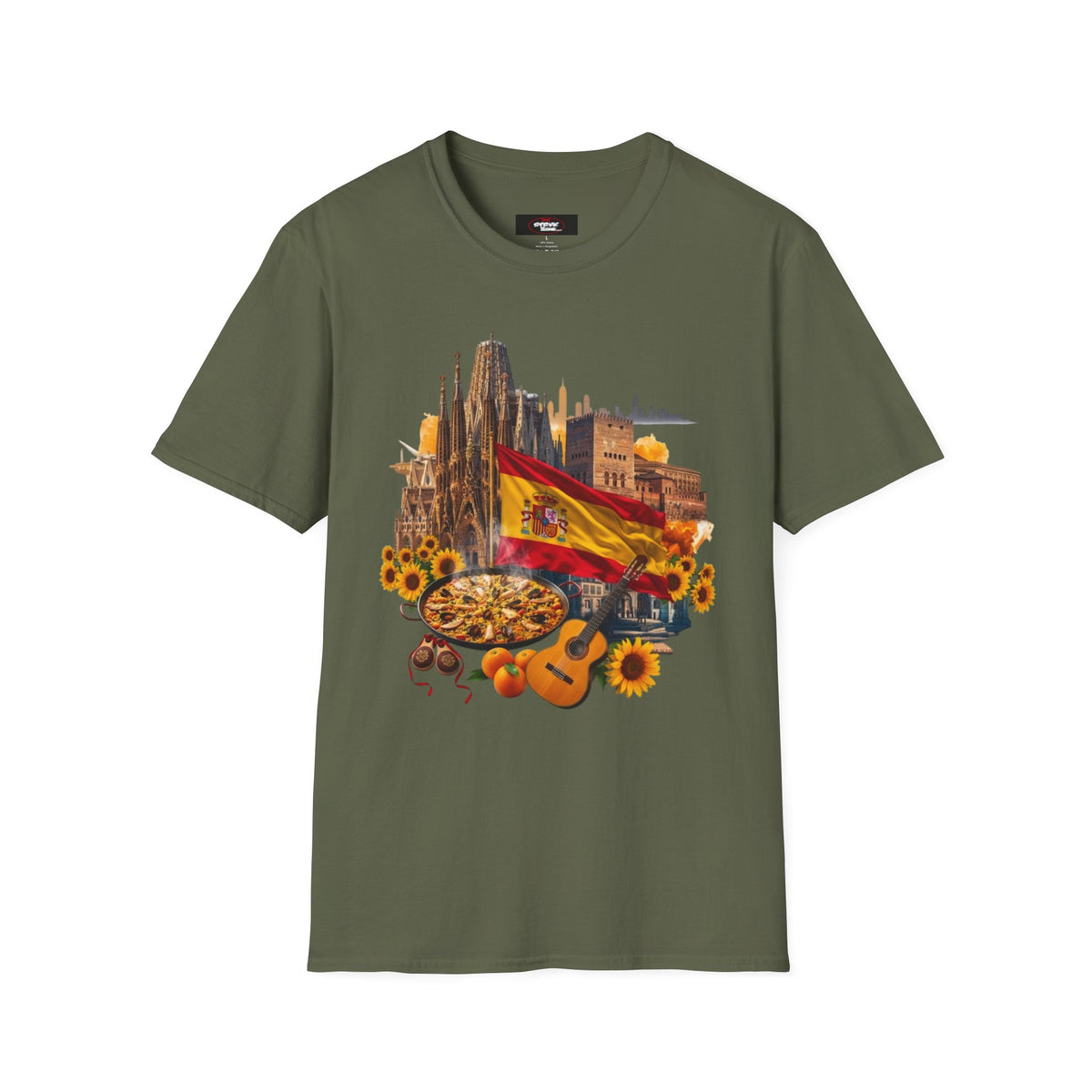 Spain Travel Collage T-Shirt — Paella, Guitar & Spanish Flag Graphic Tee