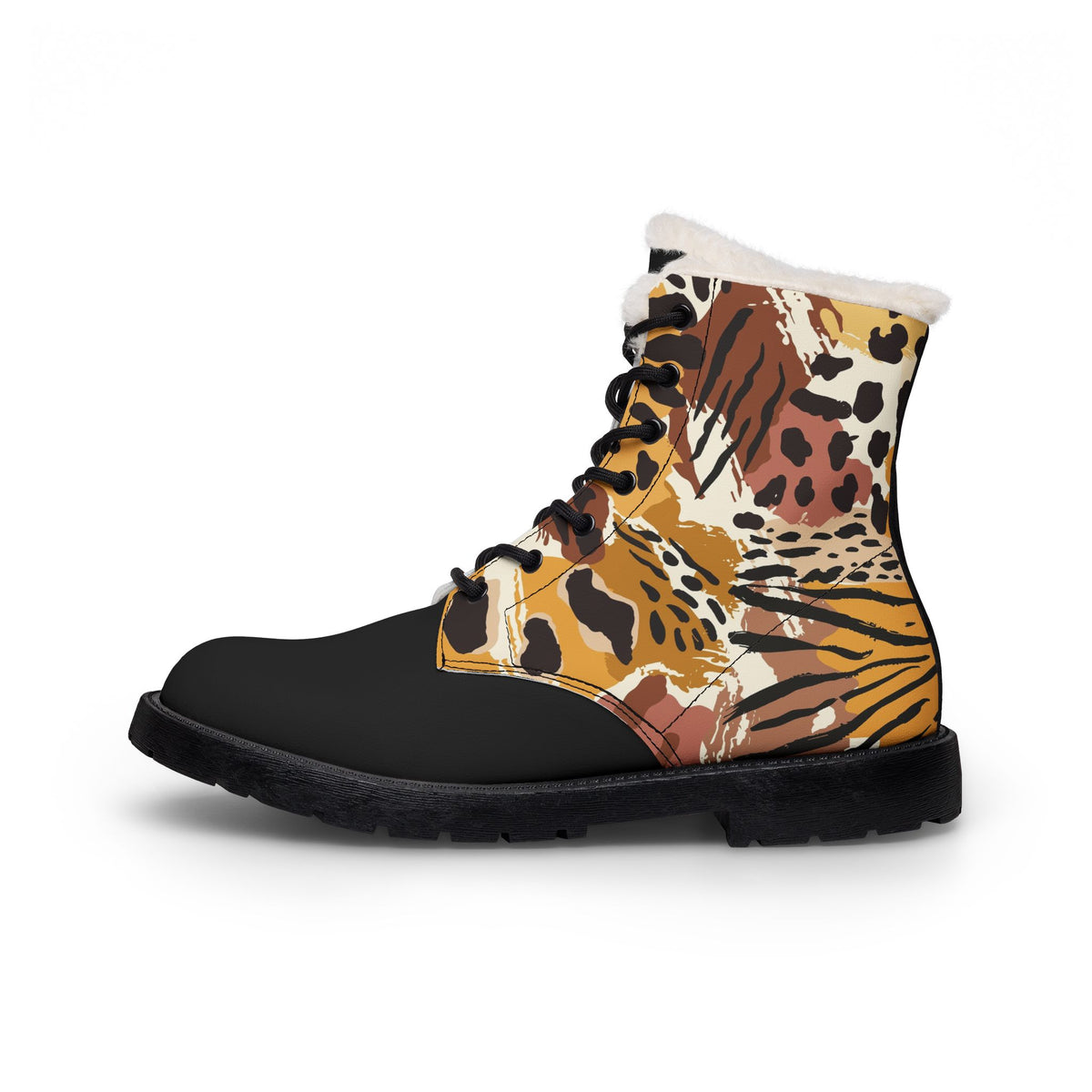 Men's Fur-Lined Leather Boots — Tiger Print Accent, Warm Winter Combat Style