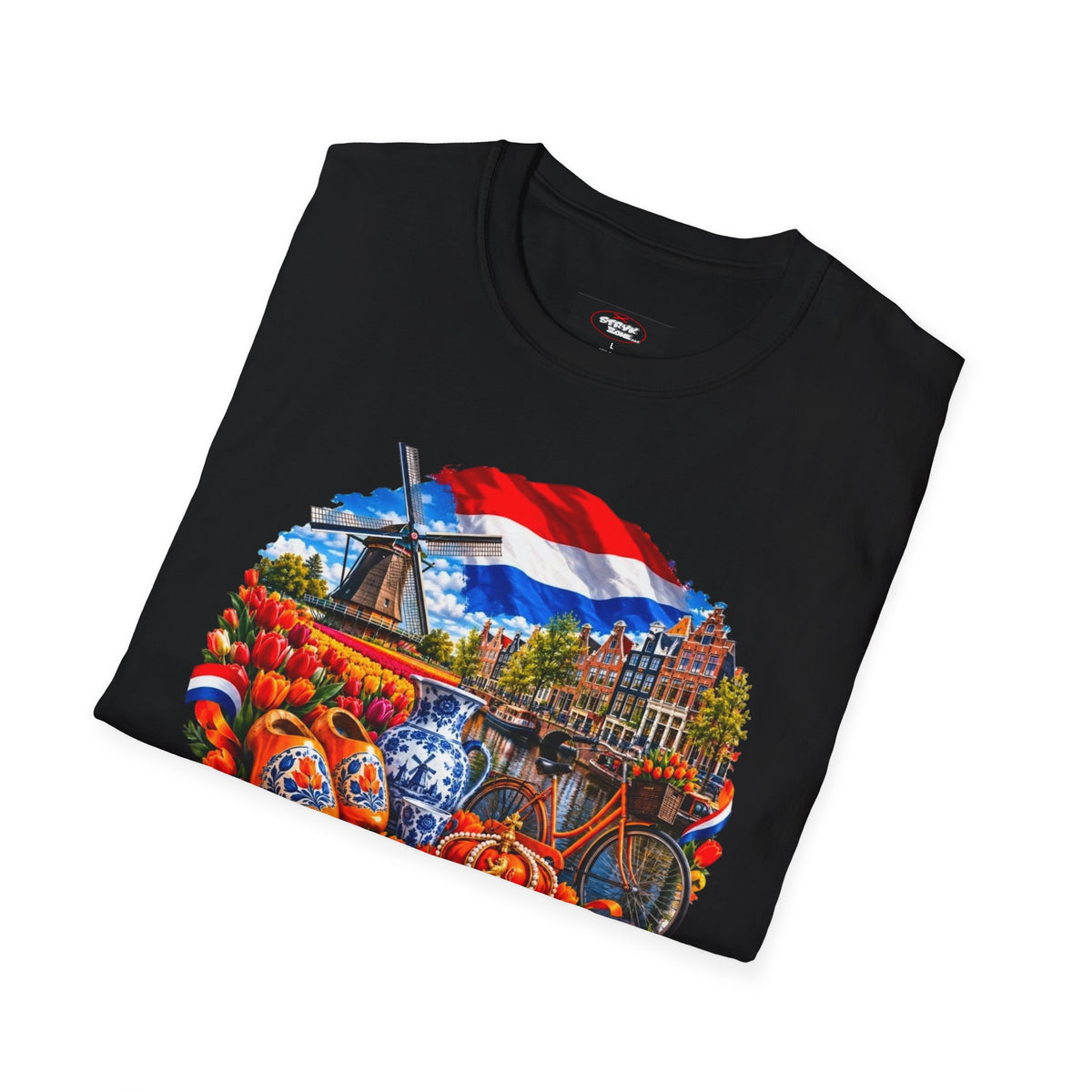 Netherlands Souvenir T-Shirt — Dutch Windmill, Tulips & Flag Design