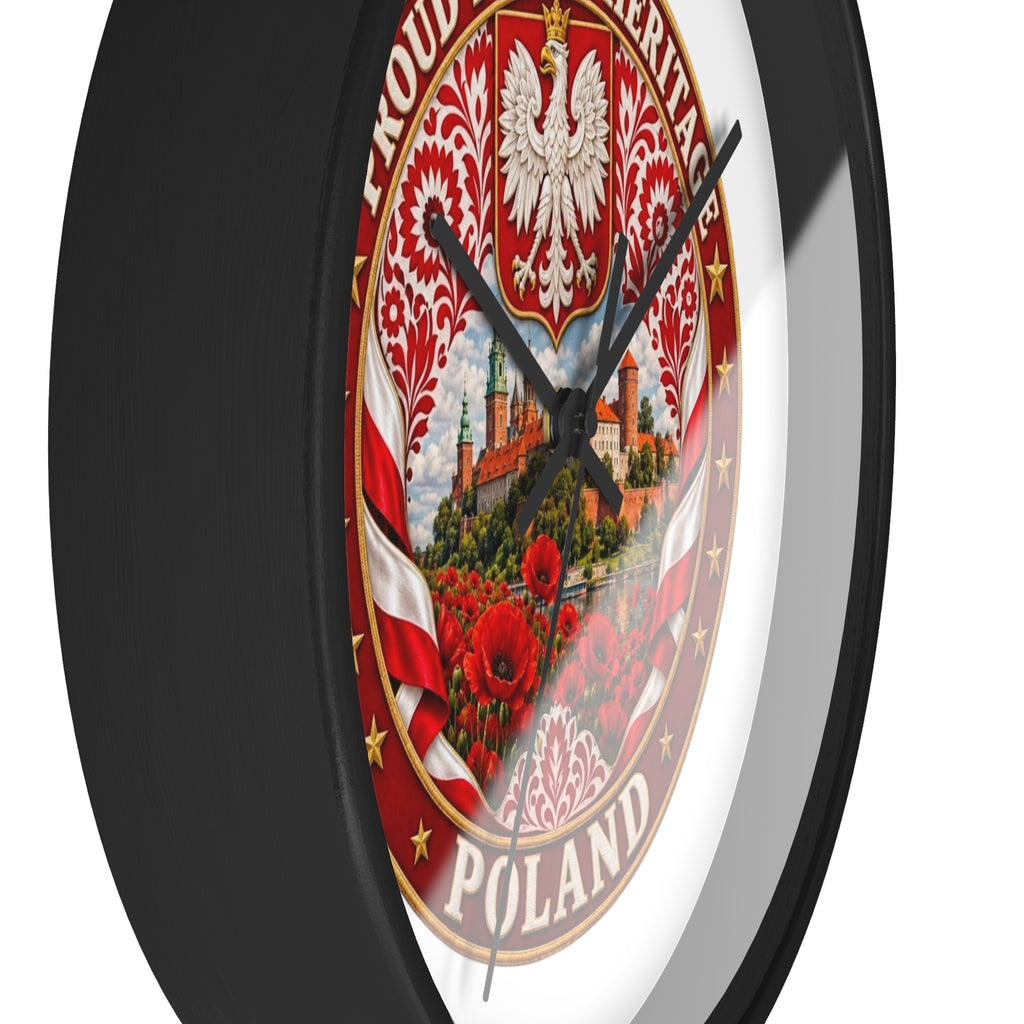 Poland Wall Clock — Proud Polish Heritage Design (Eagle, Castle & Poppies)