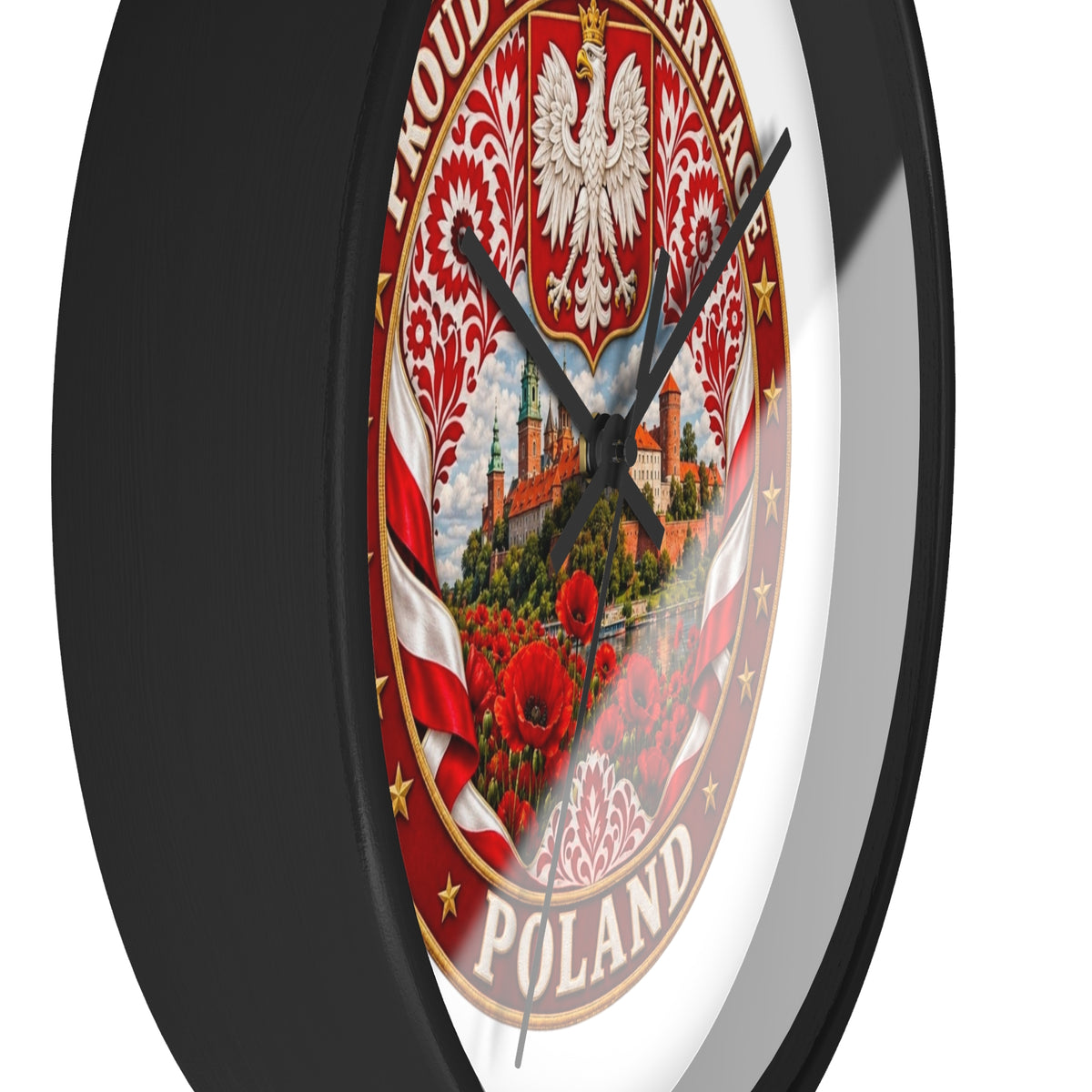 Poland Wall Clock — Proud Polish Heritage Design (Eagle, Castle & Poppies)