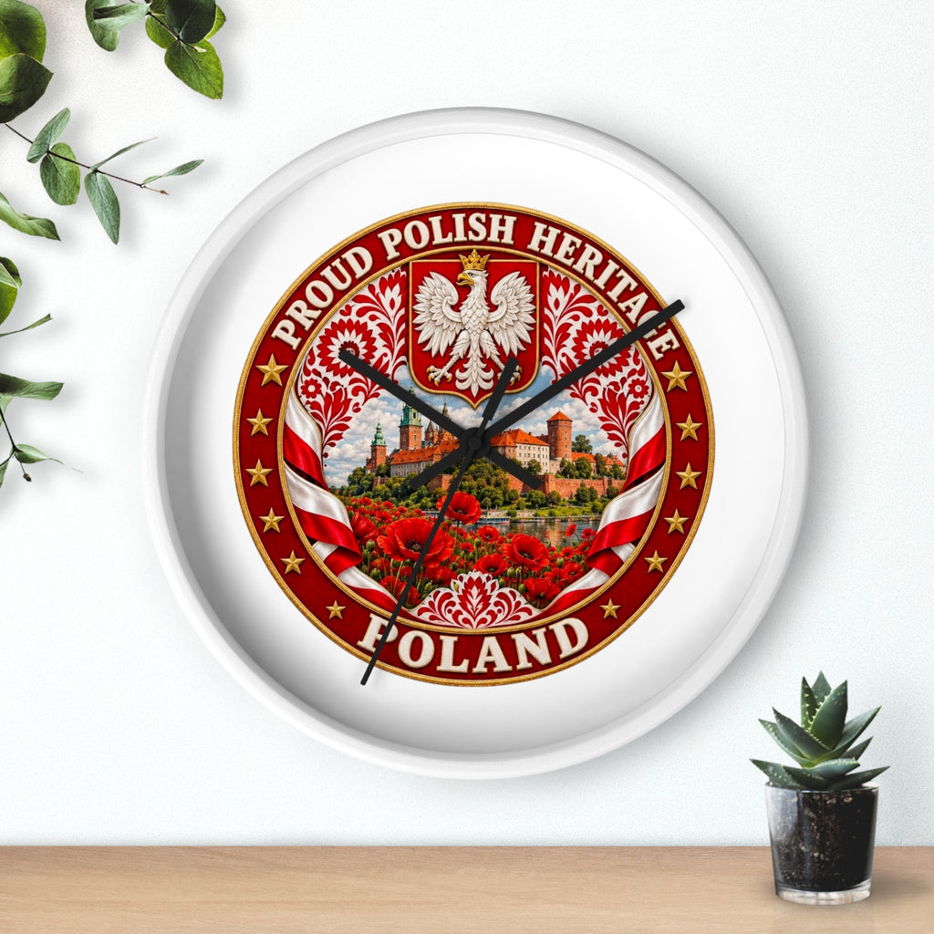 Poland Wall Clock — Proud Polish Heritage Design (Eagle, Castle & Poppies)