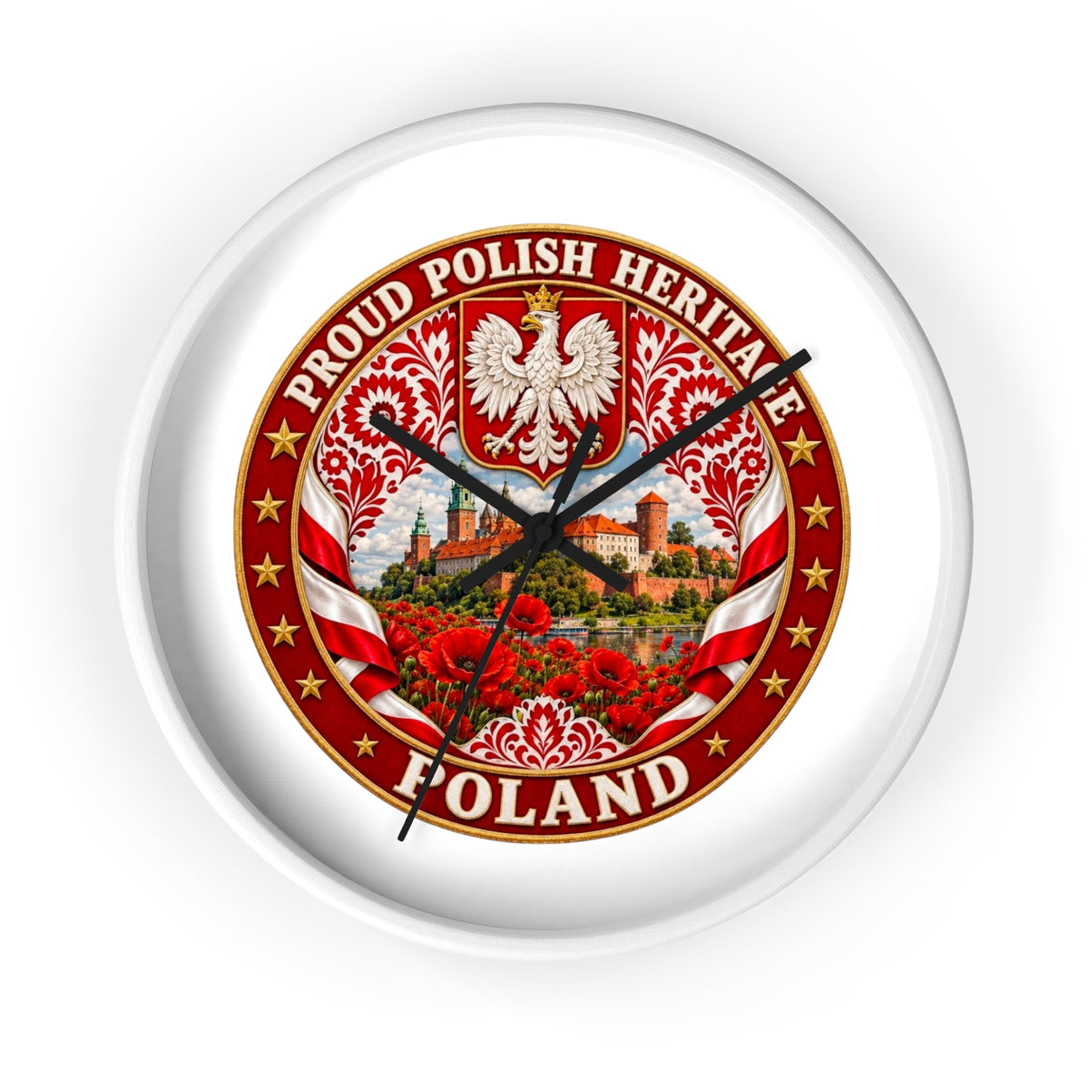 Poland Wall Clock — Proud Polish Heritage Design (Eagle, Castle & Poppies)