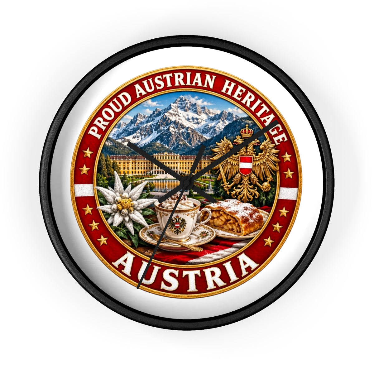 Austria Heritage Wall Clock — Proud Austrian Mountains & Coffee Scene