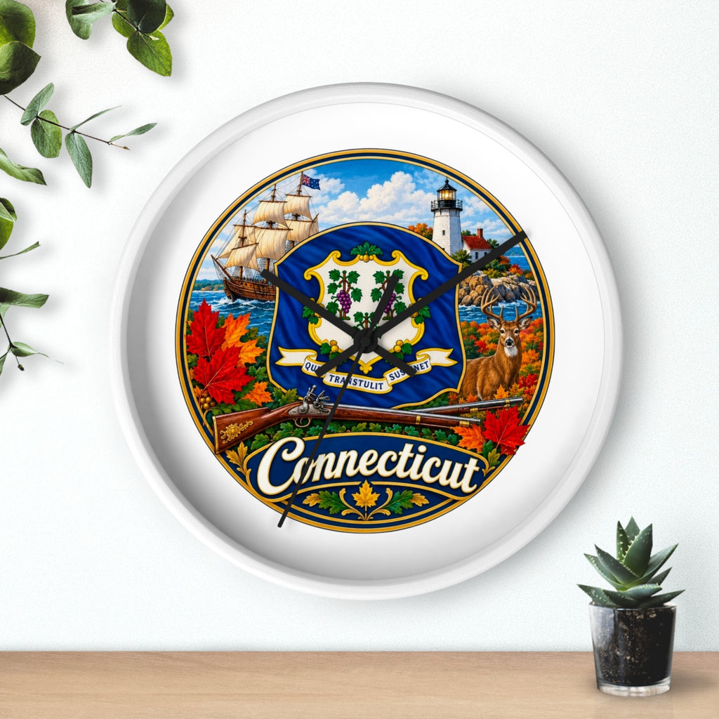Connecticut State Emblem Wall Clock — Scenic Lighthouse, Ship & Maple Leaf Decor